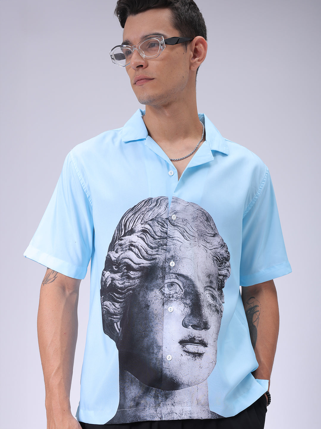 The Indian Garage Co Men's Blue Oversized Fit Graphic Shirt