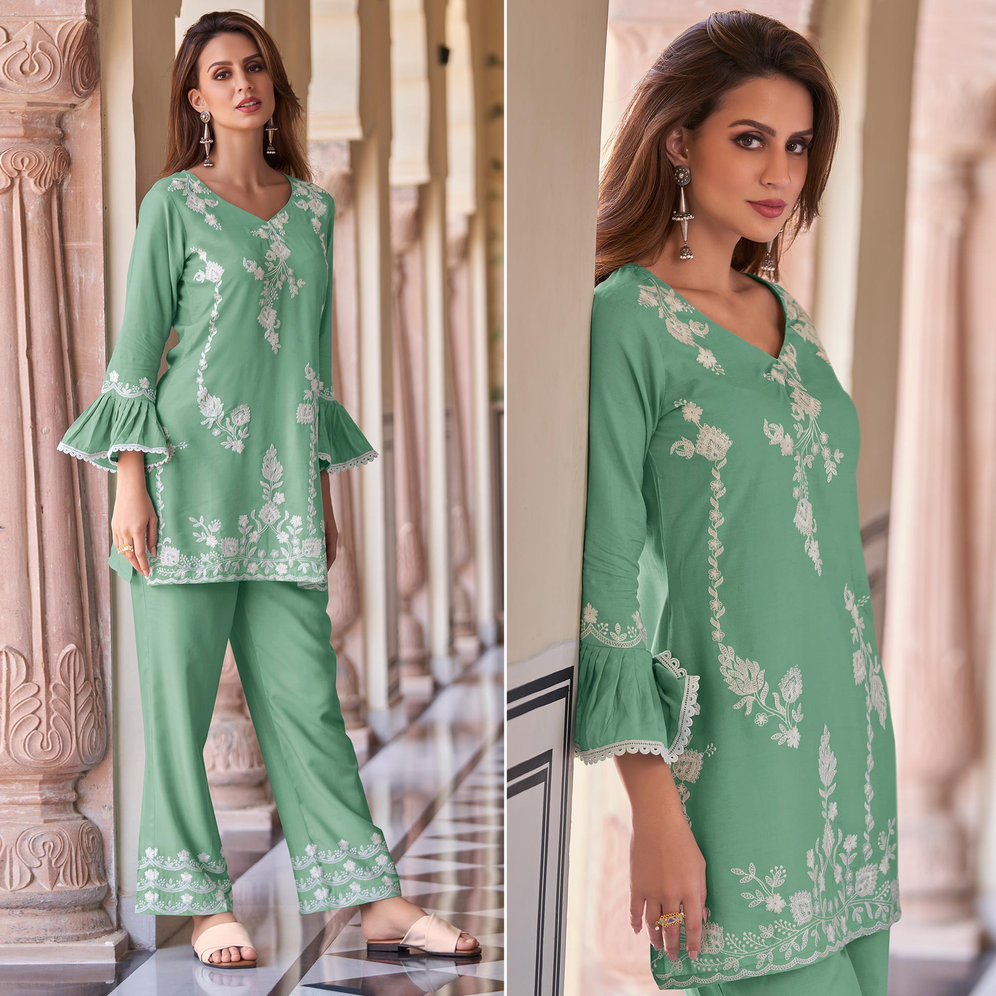 Green co-ords – BlackTree green-floral-embroidered-rayon-co-ord-set