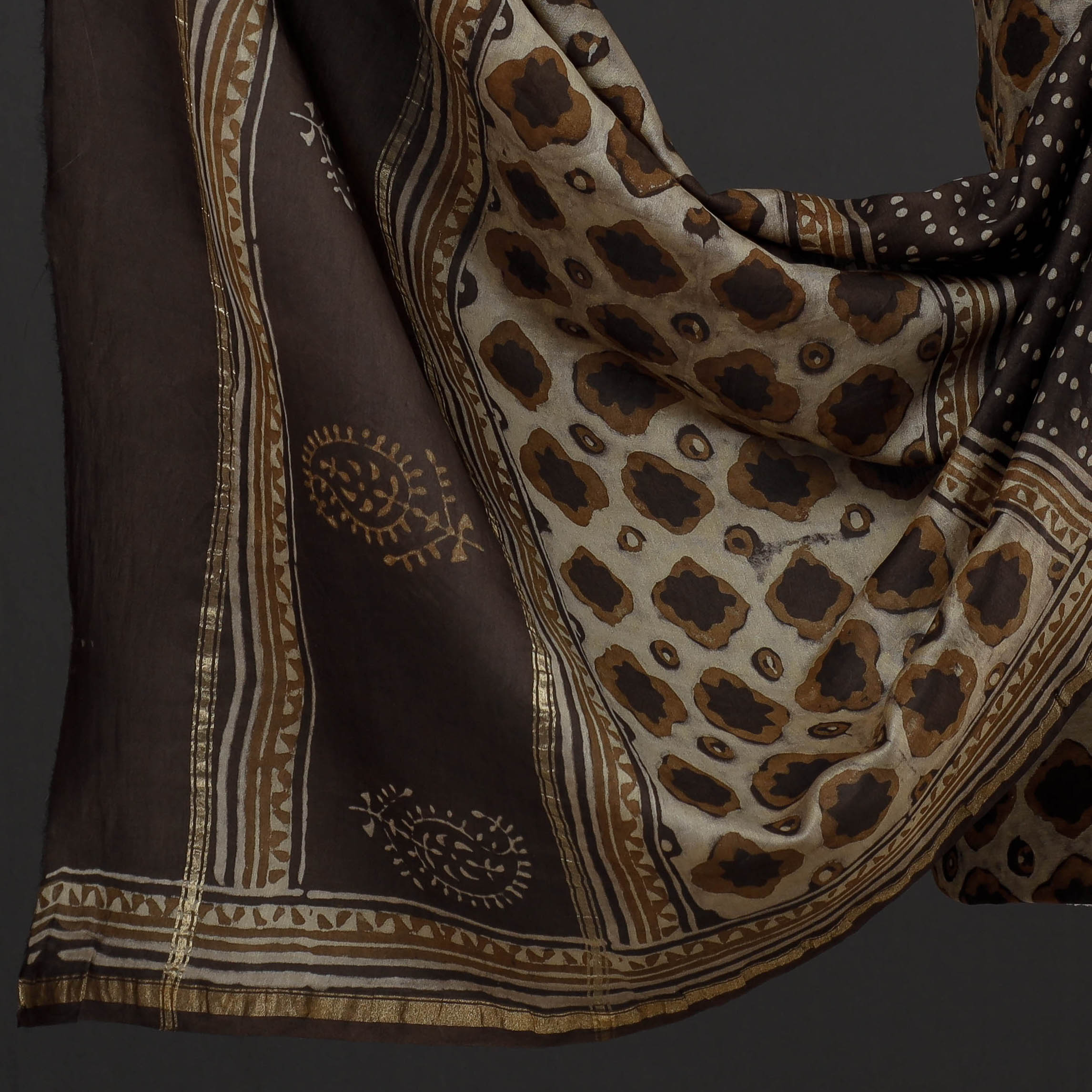 HAVELI CHRONICLES Brown - 3pc Akola Block Printed Chanderi Silk Suit Material Set - view 4