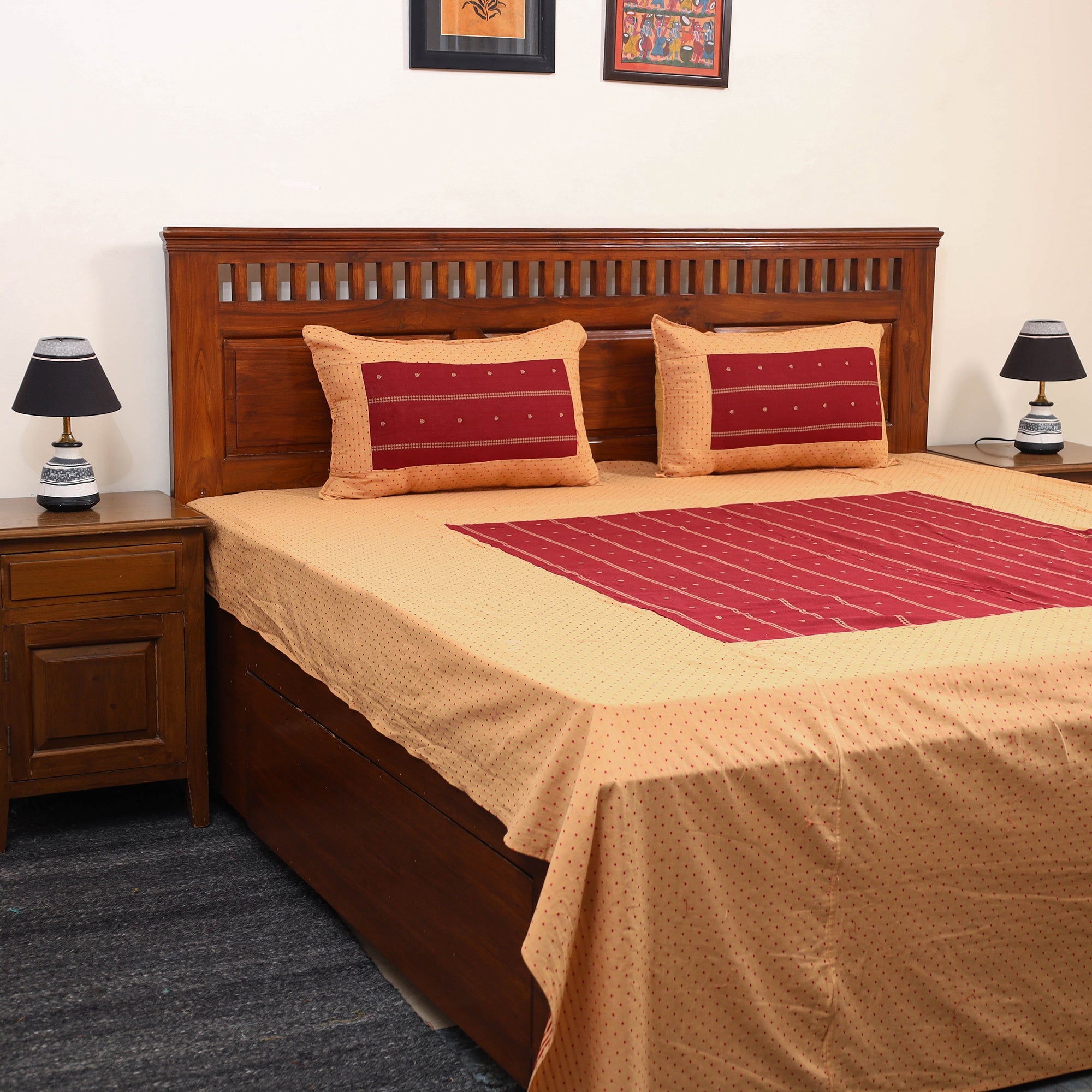 SOUTH KARGHA Beige - Jacquard Patchwork Cotton Double Bed Cover with Pillow Covers (108 x 83 in) 35