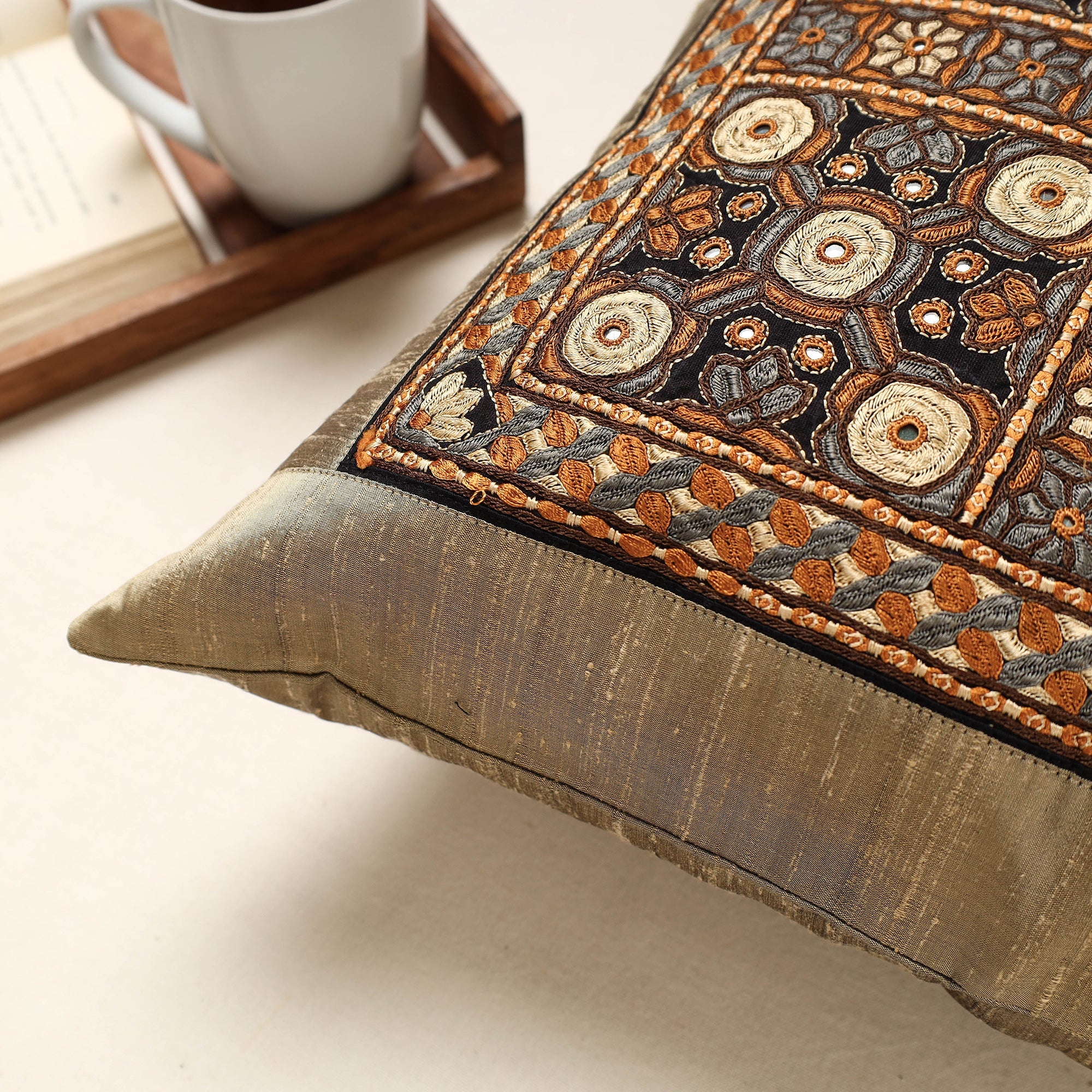 QASAB Brown - Kutch Pakko Hand Embroidery Silk Cushion Cover (16 x 16 in) - view 2