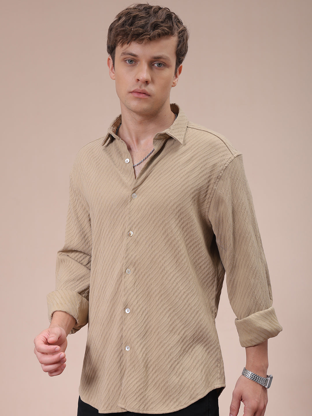 The Indian Garage Co Men's Khaki Slim Fit Textured Shirt - view 3