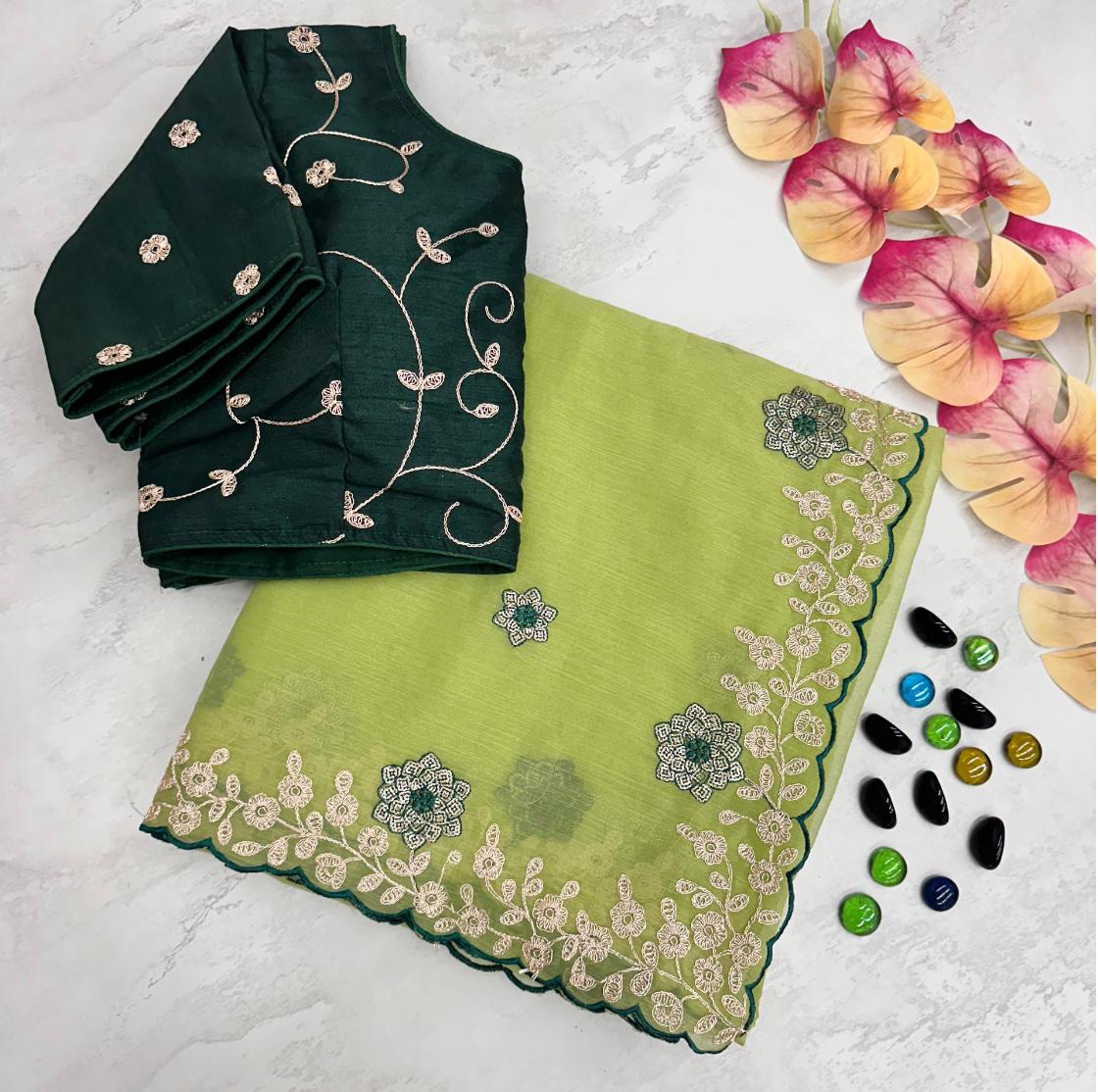 ClothsVilla Parrot Green Kasoli Silk Saree with Beautiful Embroidery and Contrast Thread Work - view 2