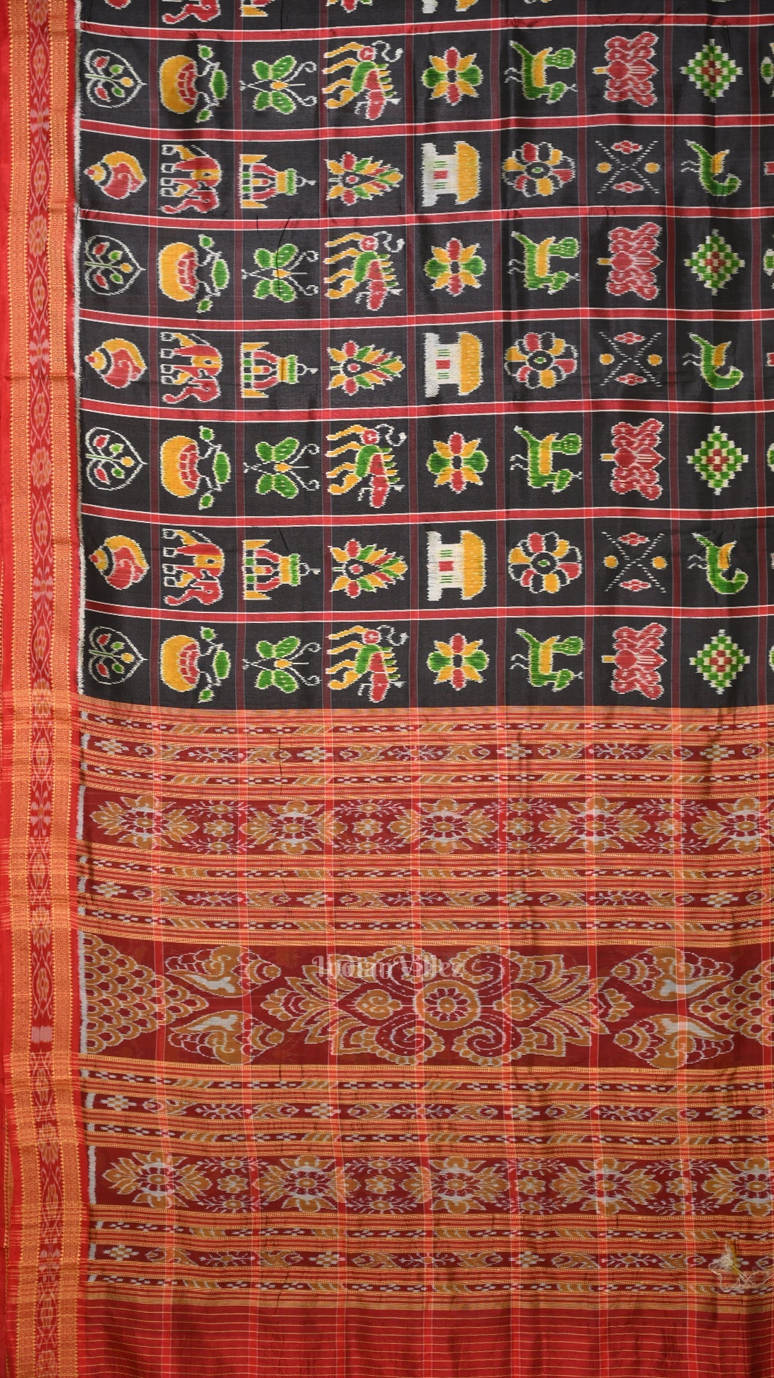 IndianVillèz Black Red Nabakothi Odisha Ikat Khandua Silk Saree - view 2