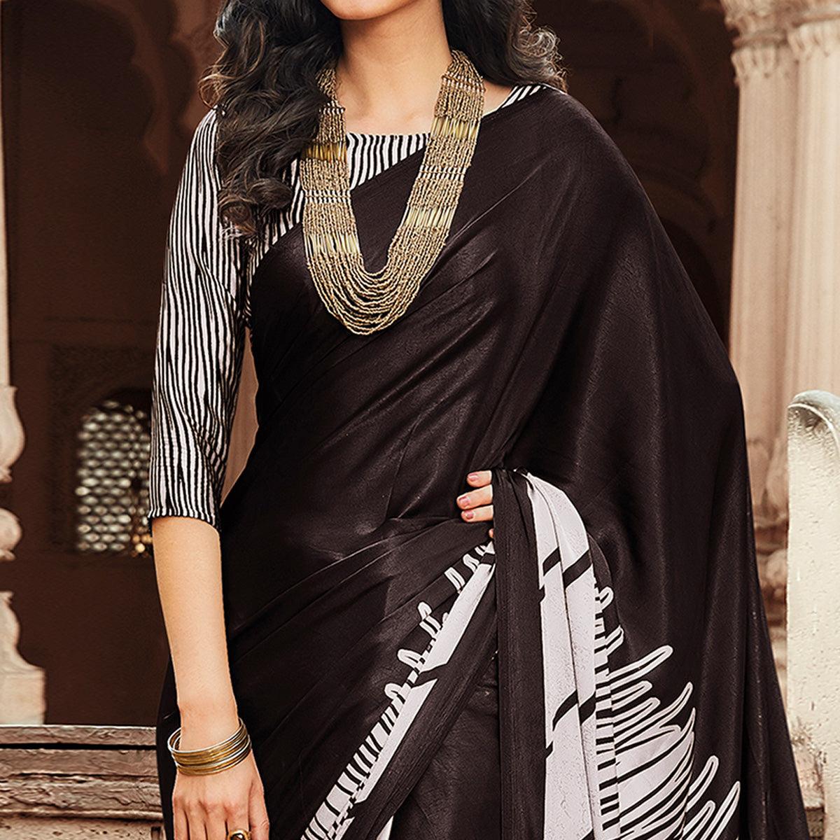 Peachmode Marvellous Dark Brown Colored Partywear Printed Japan Silk Saree - view 2