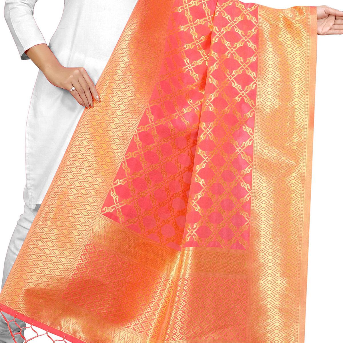 Peachmode Seller Lovely Peach Colored Festive Wear Banarasi Silk Dupatta - view 2