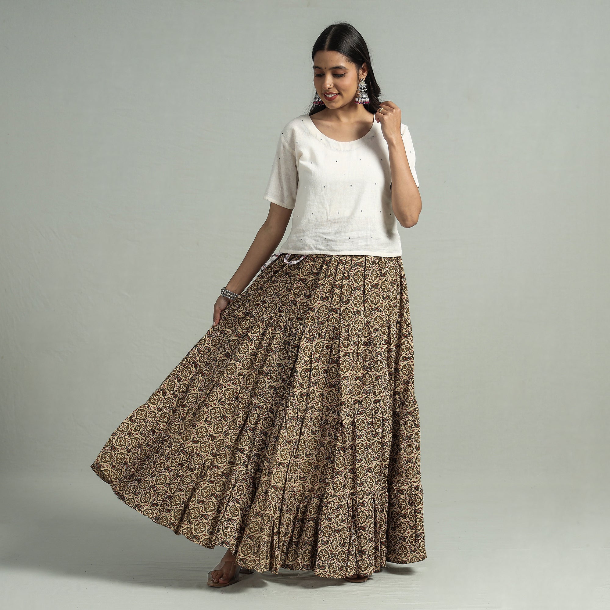 NOORI BAZAR Beige - Sanganeri Block Printed Tiered Cotton Long Skirt - view 2