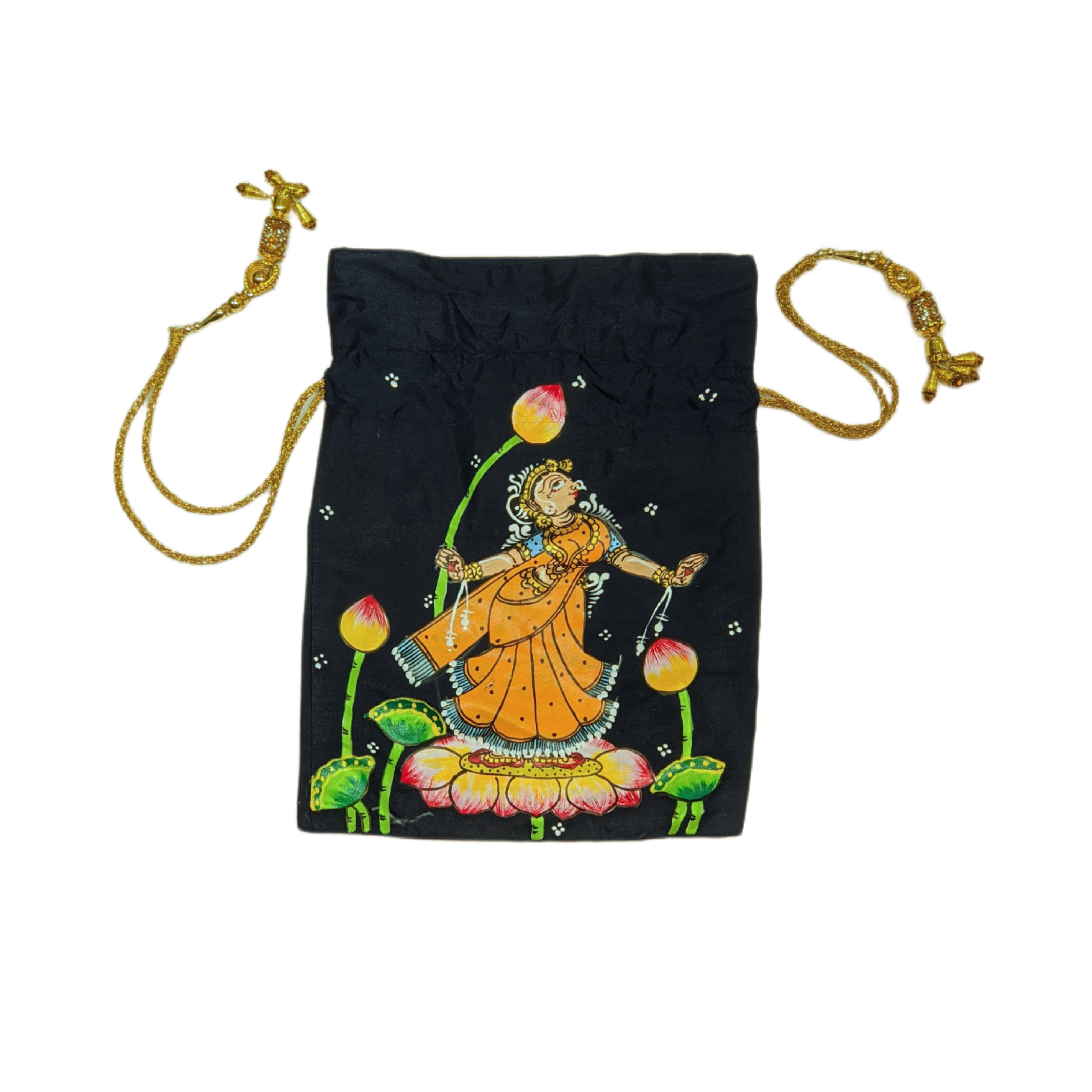 IndianVillèz Navy Blue with Yellow Nartaki Pattachitra Potli Bag