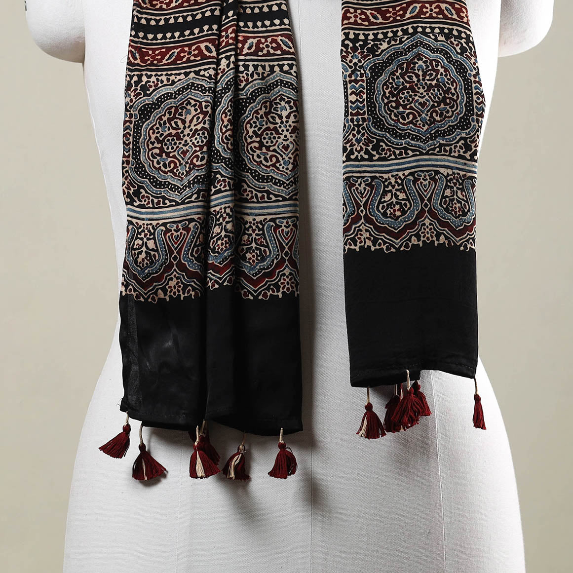 RIYAZ ABDULMAJID KHATRI - AJRAKH Black - Ajrakh Hand Block Printed Modal Silk Stole with Tassels - view 3