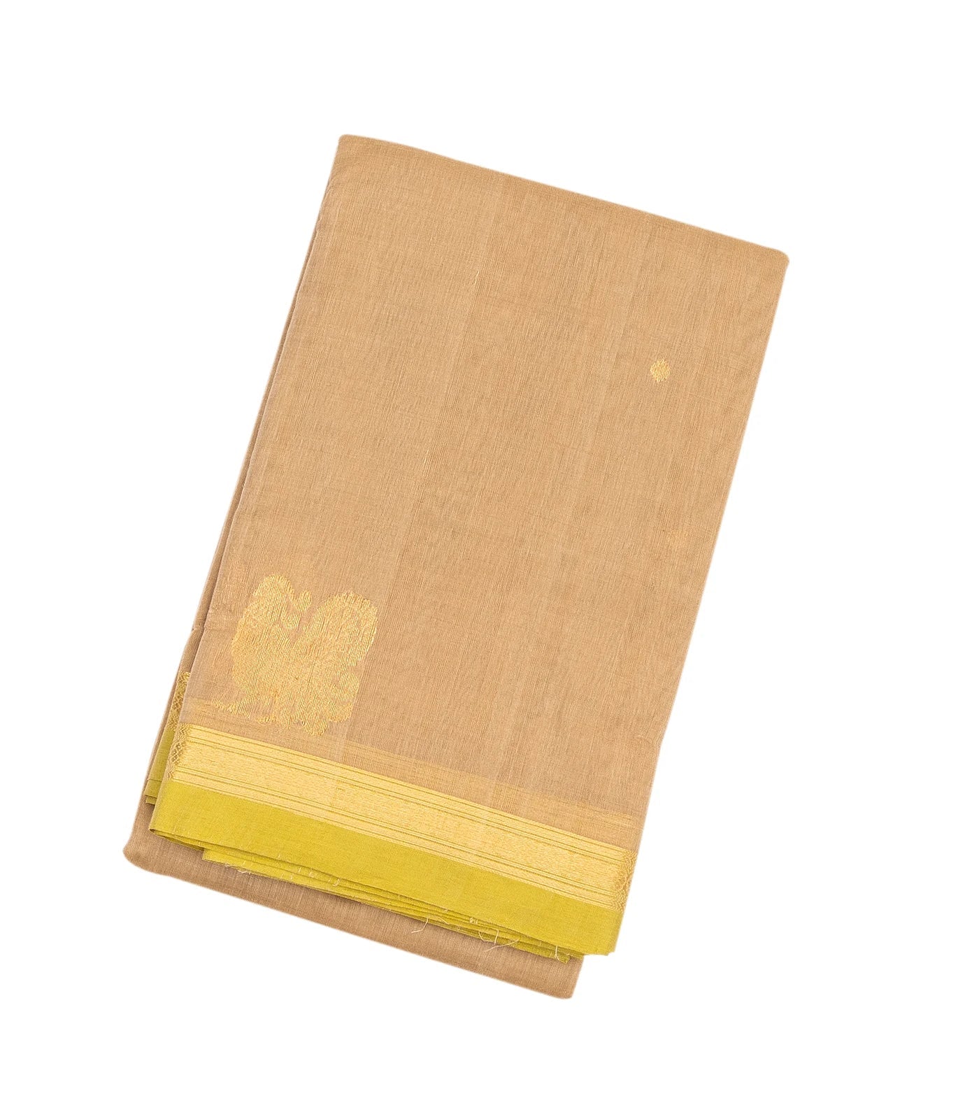 RmKV Taupe Handloom Kanchi Cotton Saree With Annam Buttas & Green Border.