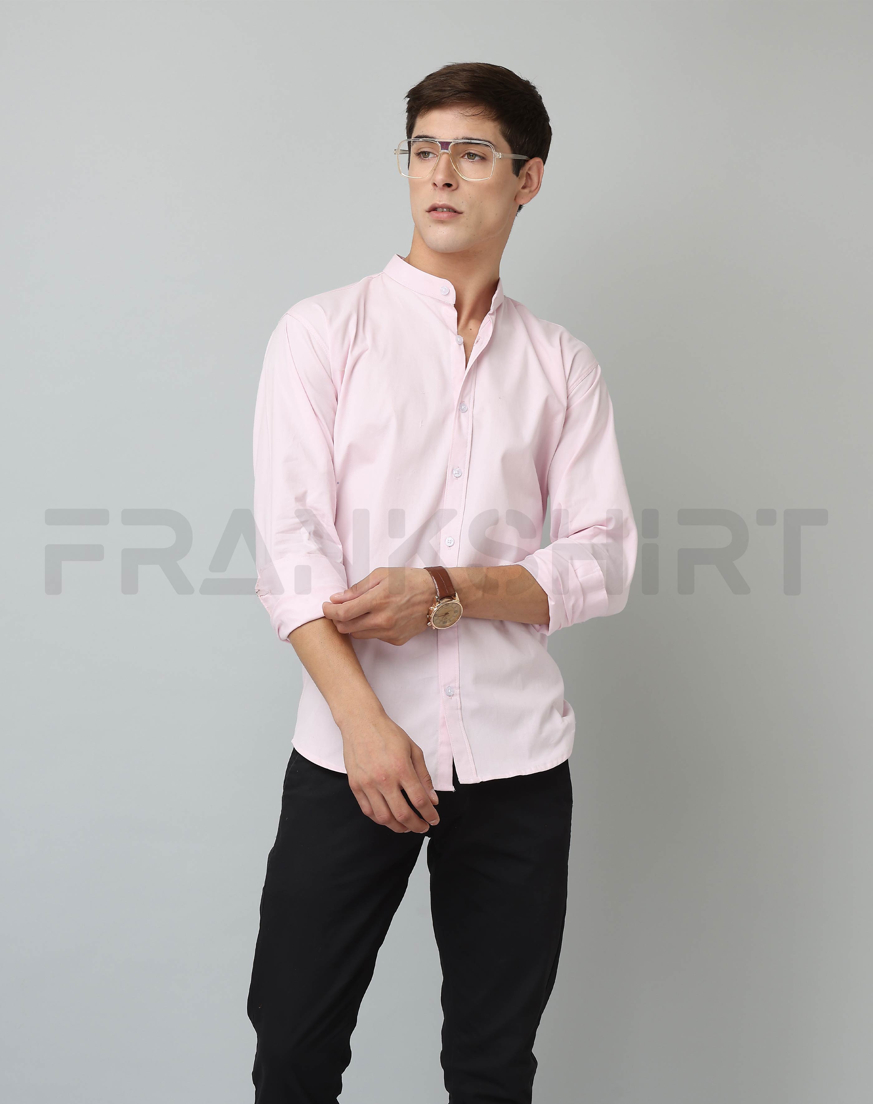 BlackTree Frankshirt Chinese Collar Light Pink Tailored Fit Cotton Casual Shirt for Man - view 2