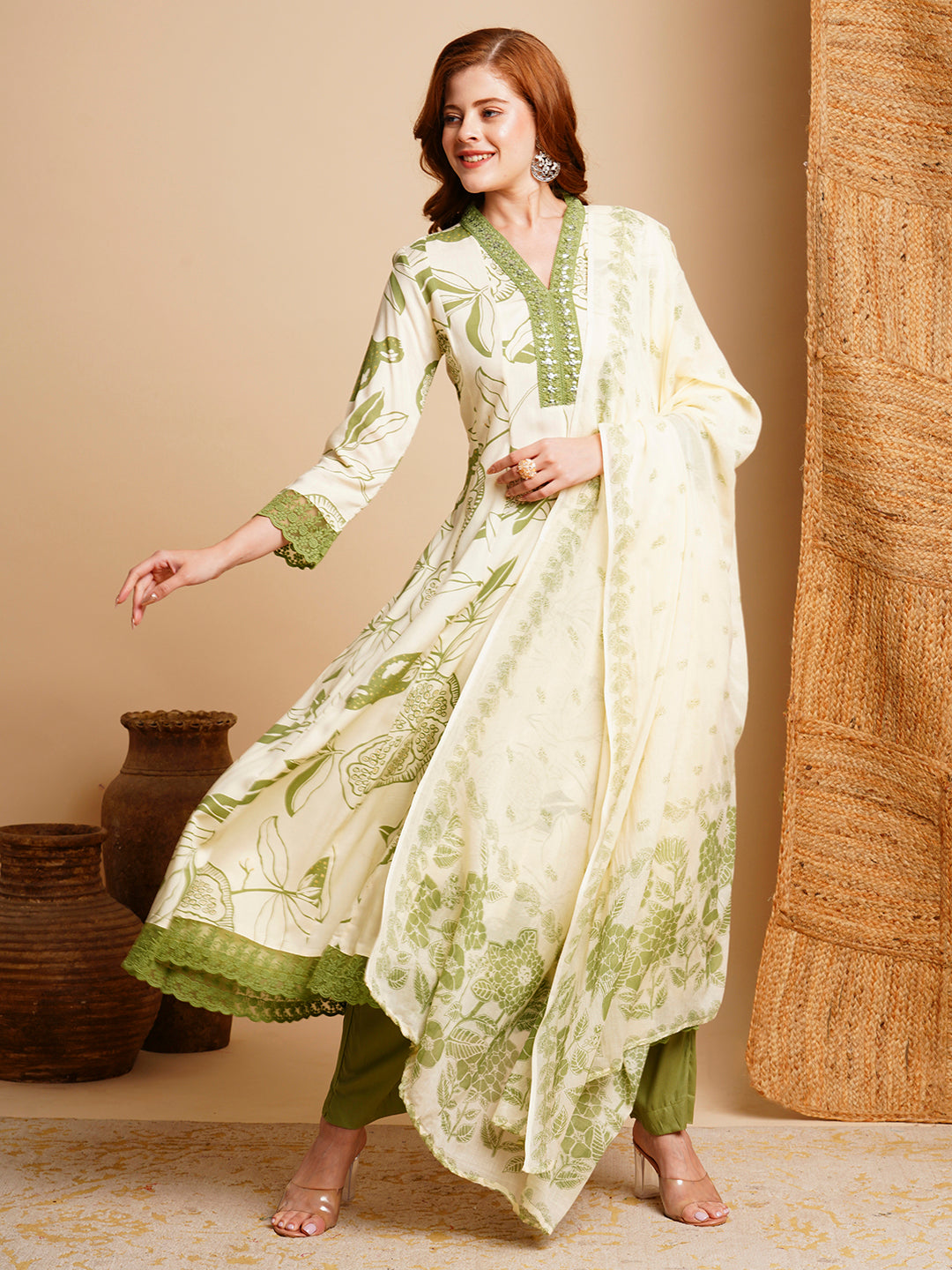 FASHOR Floral Printed & Embroidered Anarkali Kurta with Pant & Dupatta - Off White
