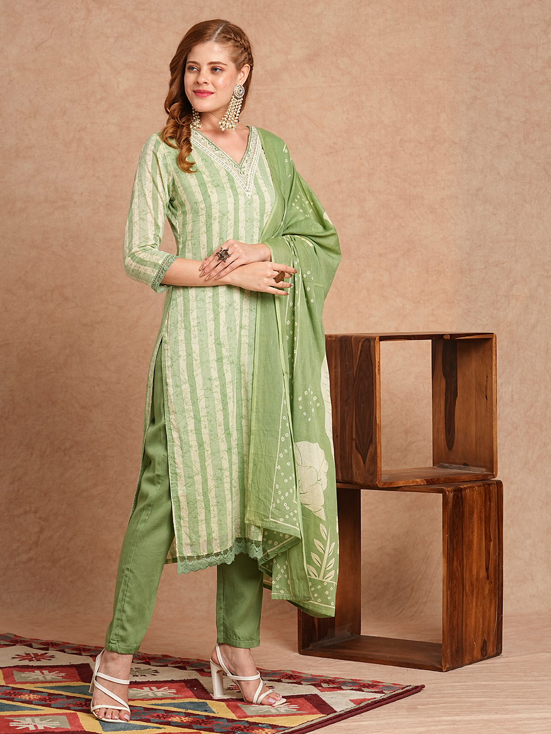 FASHOR Stripes Printed & Embroidered Kurta with Pant & Pure Cotton Dupatta - Green - view 5