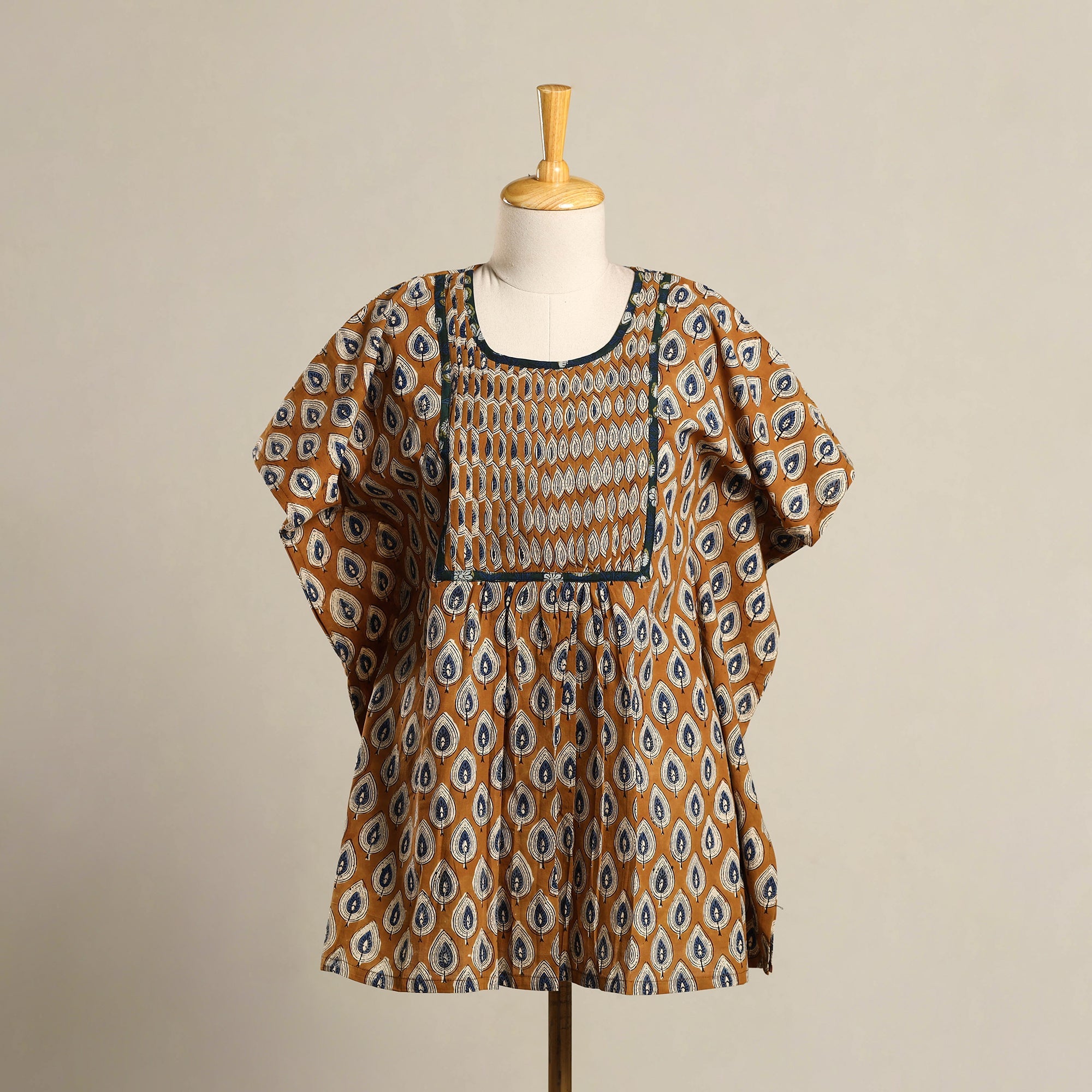 ITOKRI CASUALS Brown - Pintuck Bagru Mosaic Fusion Cotton Kaftan (Short) 42