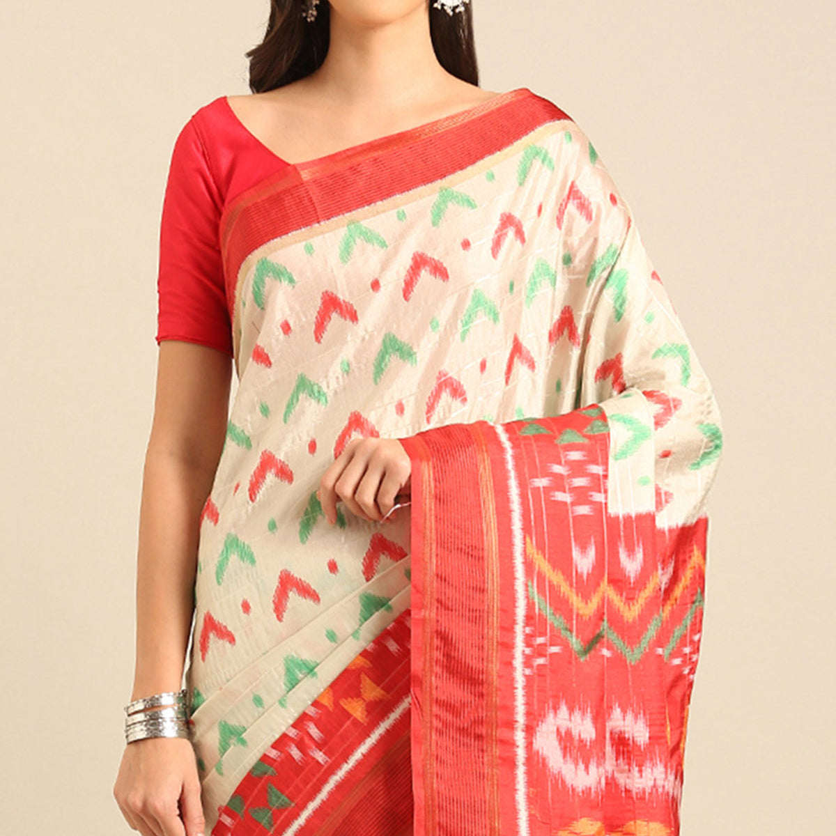 Peachmode Cream Digital Patola Printed Cotton Blend Saree - view 3