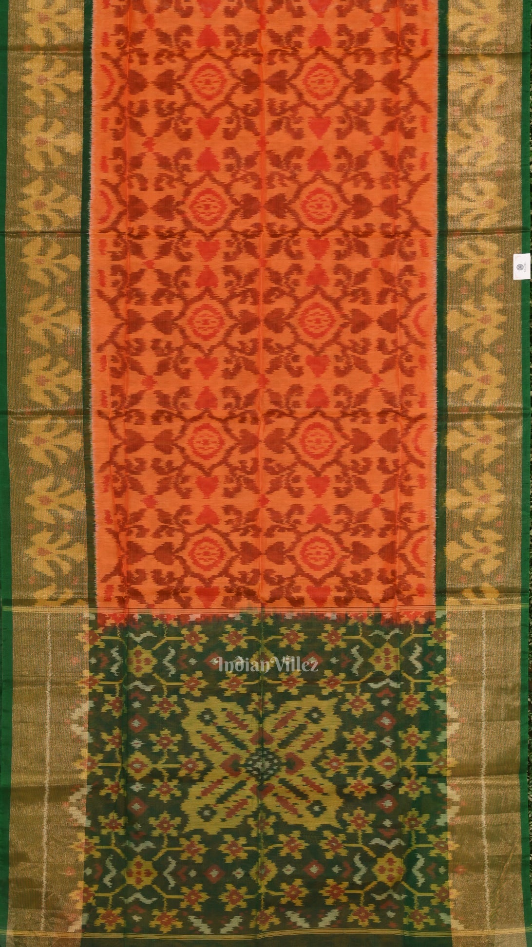 Silk cotton saree – IndianVillèz Orange Green Pochampally Ikat Sico (Silk & Cotton) Saree with Zari Border