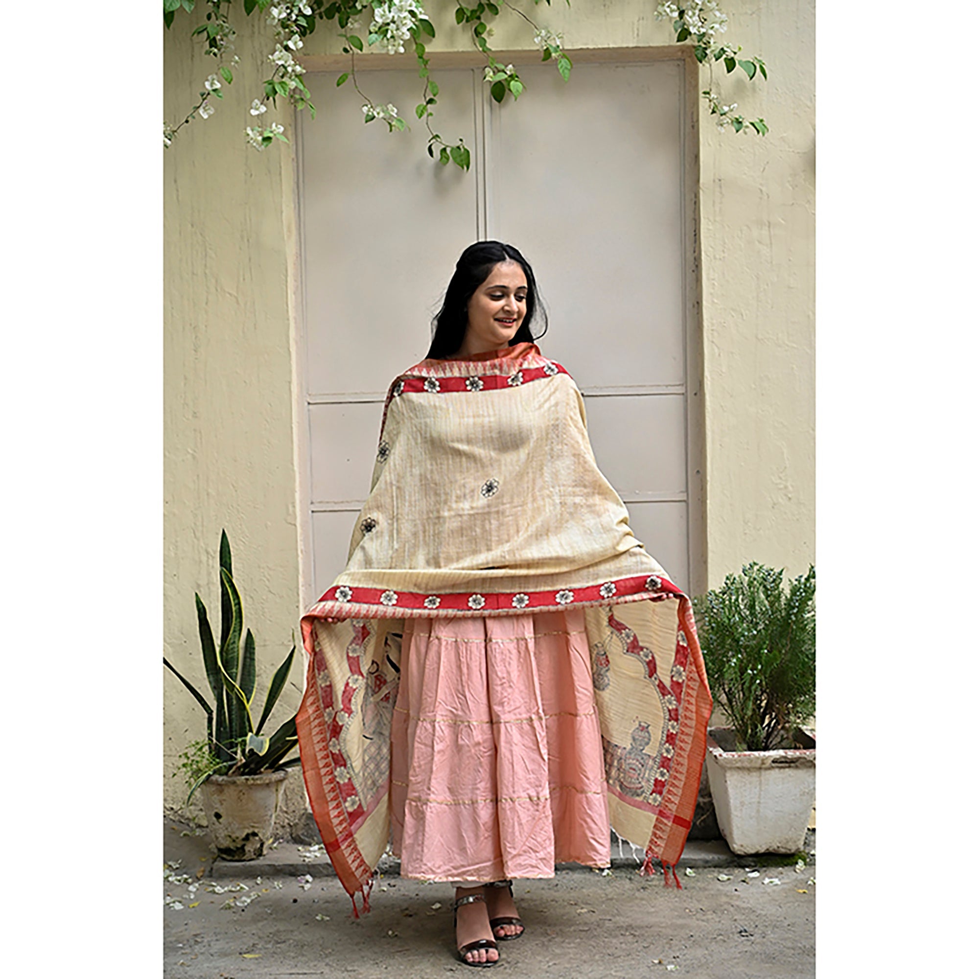 DIORAMA DESIGNS Beige - Madhubani Hand-Painted Makhan Chor Cotton Dupatta - view 2