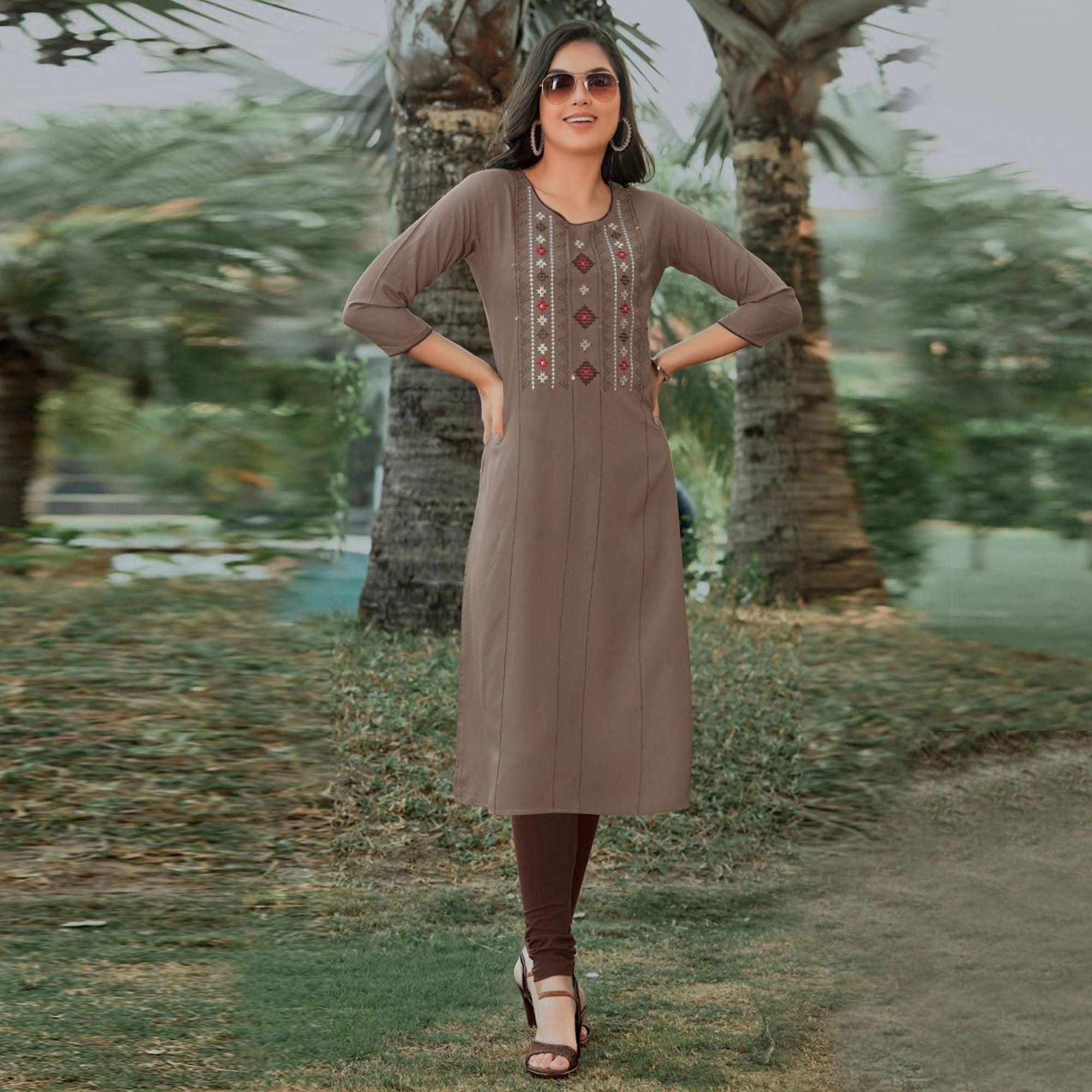 Peachmode Seller Brown Embroidered Pure Cotton Kurti - view 3
