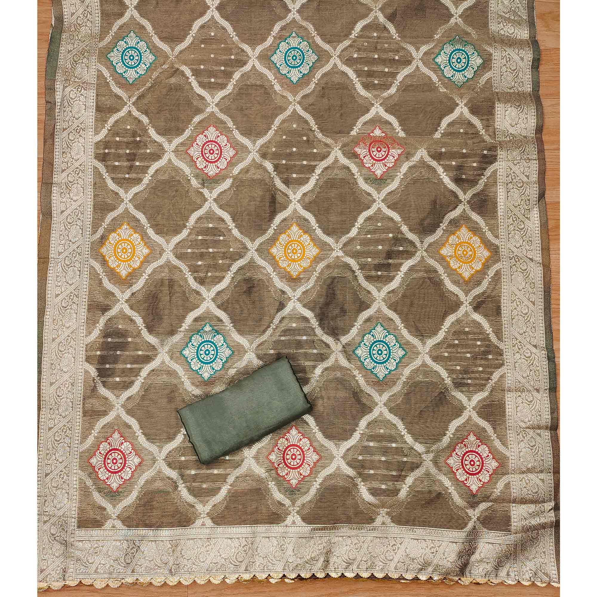 Peachmode Grey Woven With Handwork Simmer Jacquard Dress Material - view 5