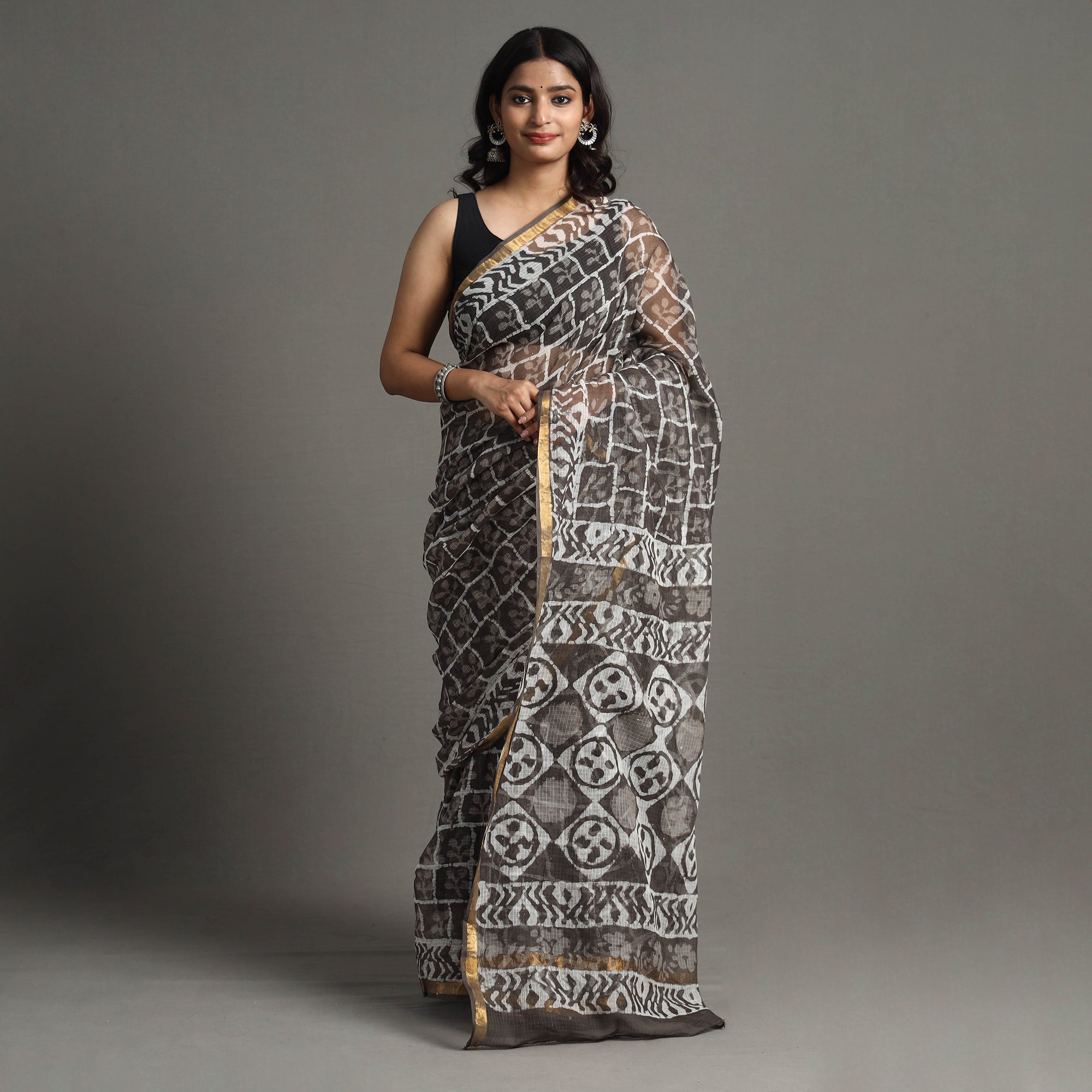 HAVELI CHRONICLES Brown - Bagru Block Printed Kota Doria Cotton Zari Border Saree