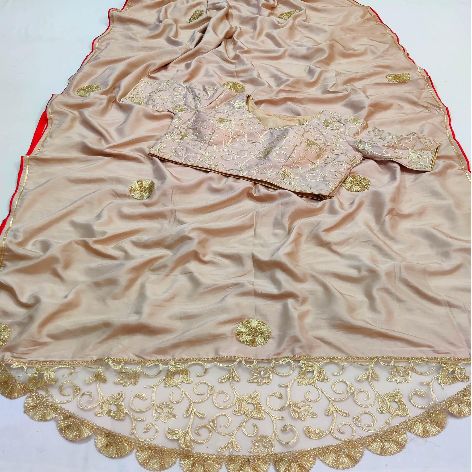 Peachmode Cream Partywear Mukeish Embroidery Dola Silk Saree
