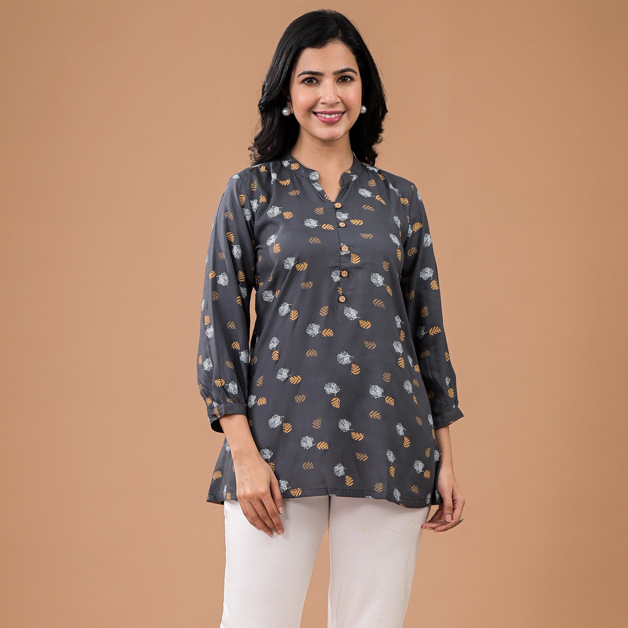Peachmode Grey Printed Rayon Top