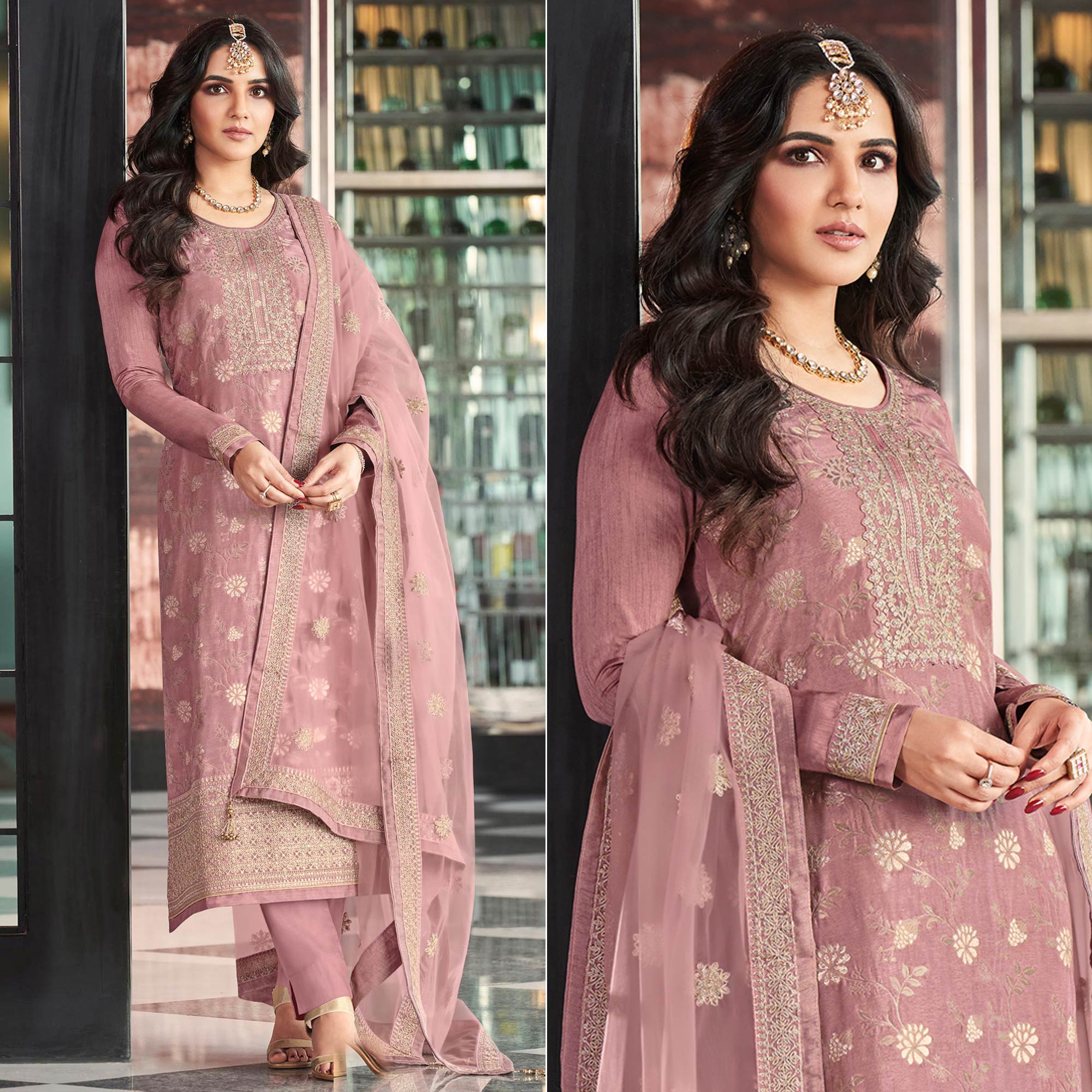 Peachmode Mauve Embroidered Viscose Semi Stitched Salwar Suit