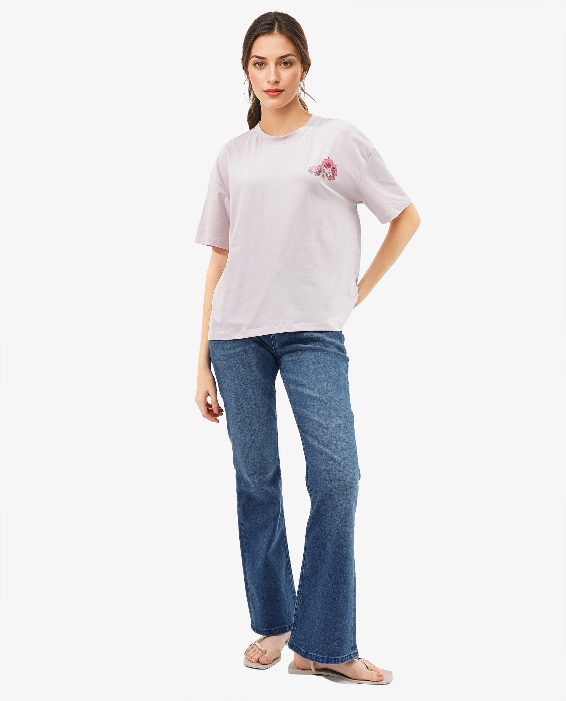 Rareism Women Purpulent Pastel Pink Cotton Elastane Fabric Crew Neck Knit Solid T-Shirt - view 2