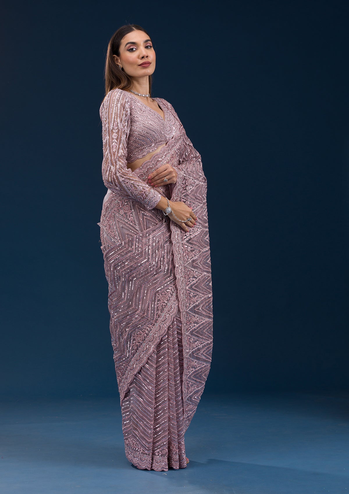 Koskii Onion Pink Sequins Net Saree – Women's - view 4