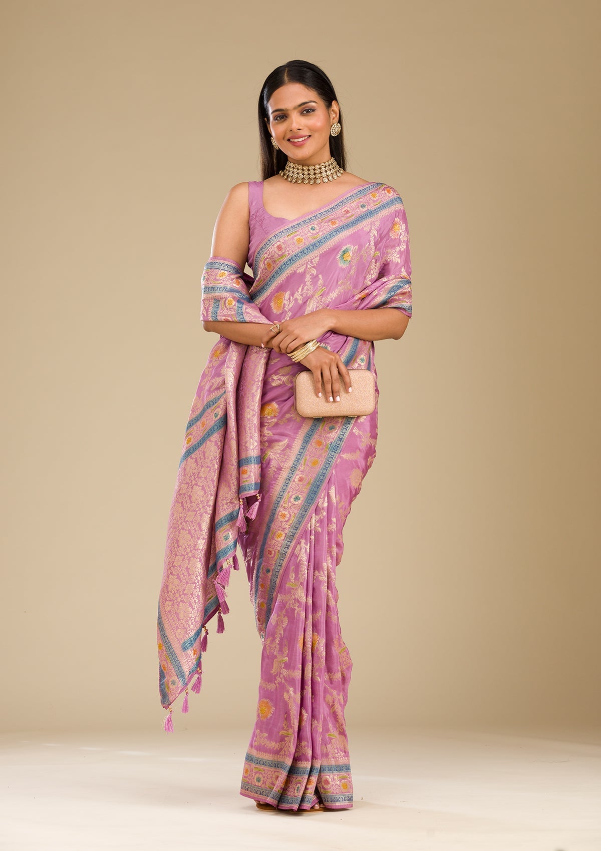 Koskii Lavender Zariwork Banarasi Silk Saree – Women's