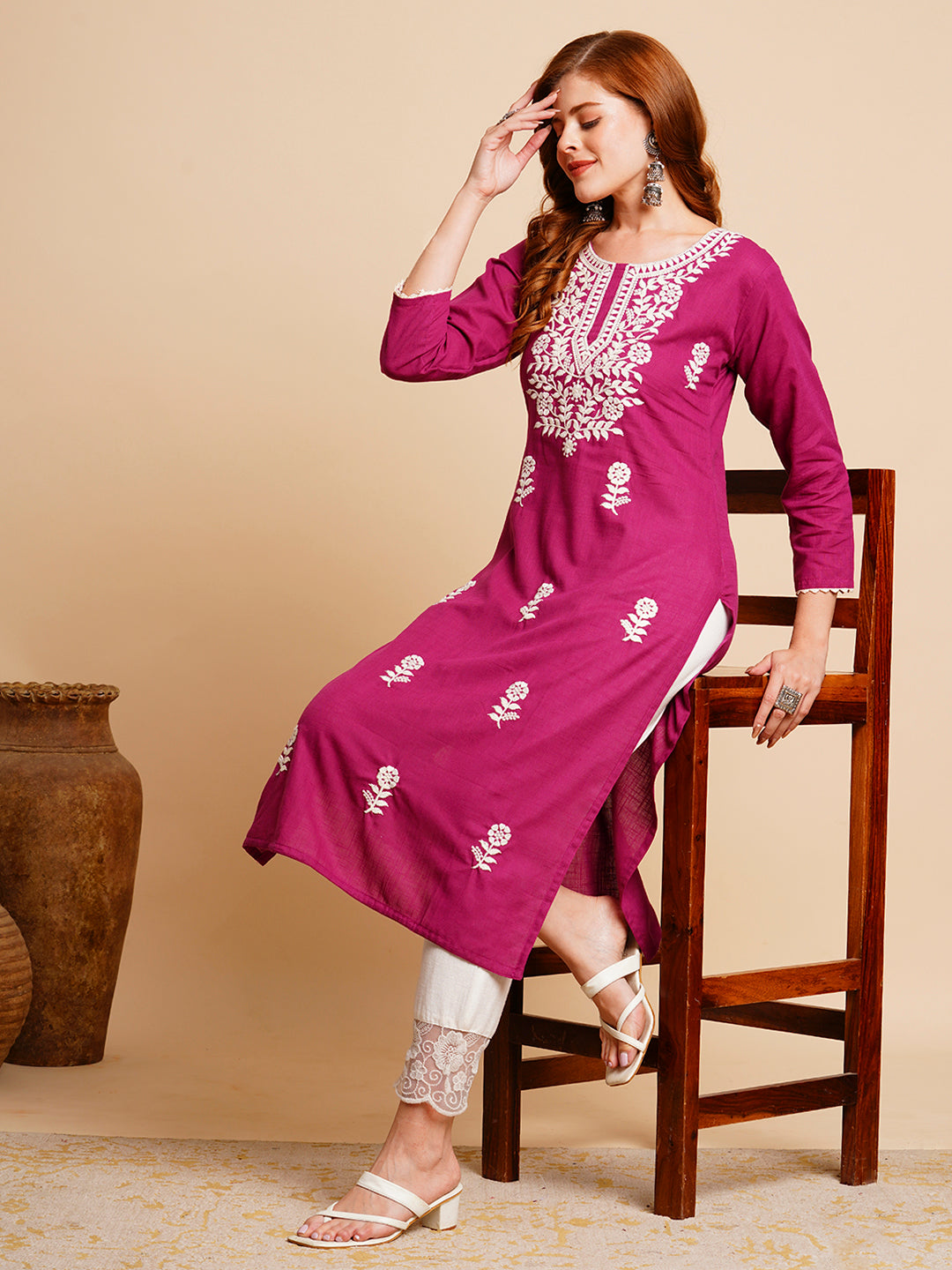 FASHOR Solid Chikankari Embroidered Straight Fit Kurta - Purple - view 2