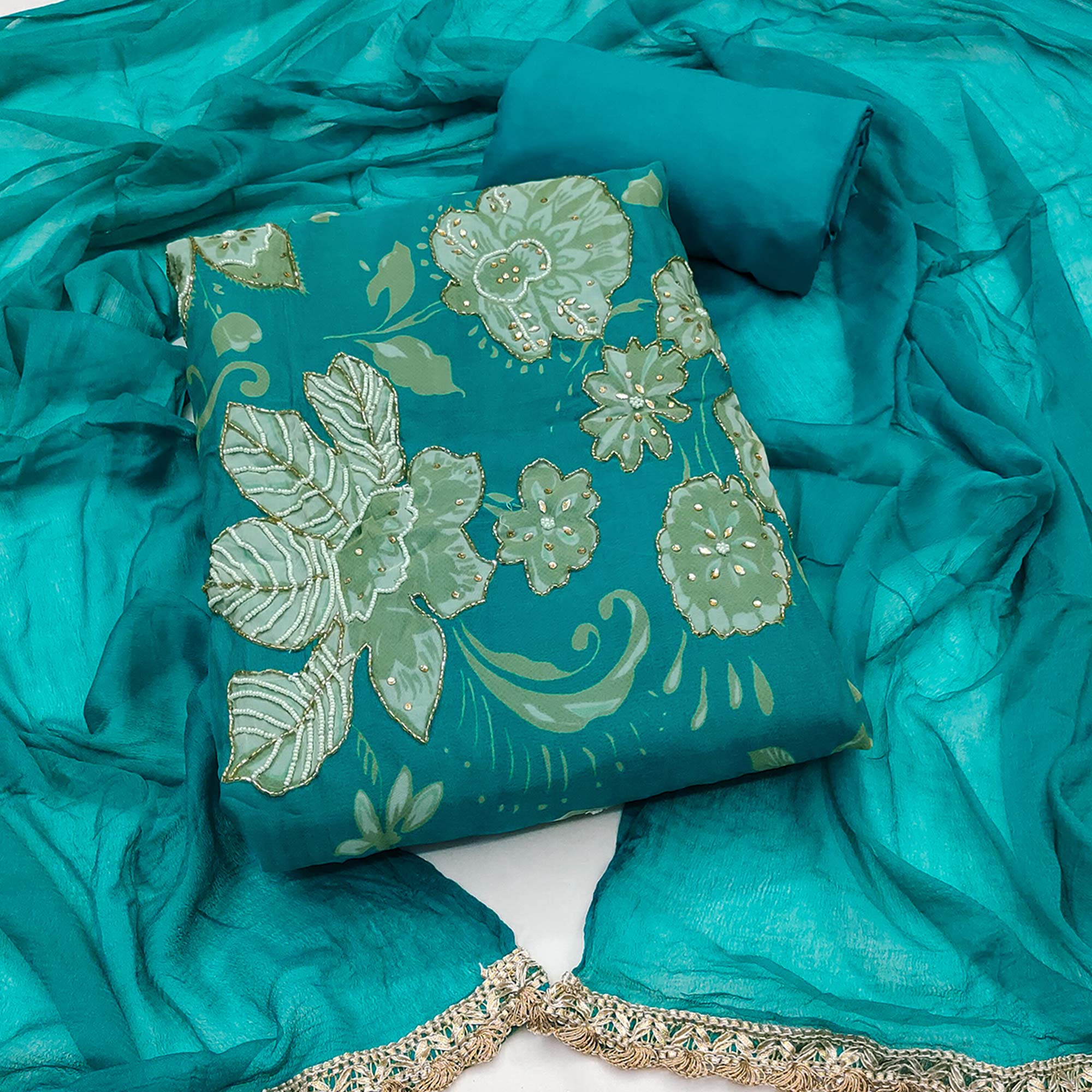 Peachmode Teal Floral Moti Hand Embroidered Muslin Dress Material