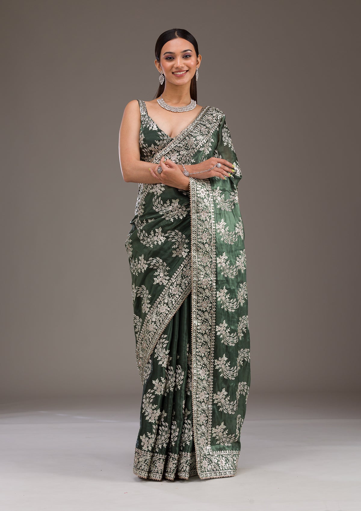 Koskii Bottle Green Threadwork Tissue Saree – Women's
