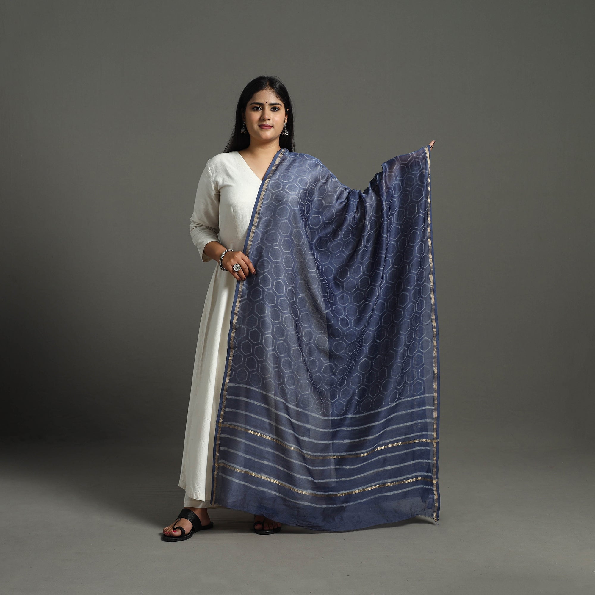 ARTISAN HAND BLOCK PRINTS Blue - Chanderi Silk Block Print Bagru Dupatta 13