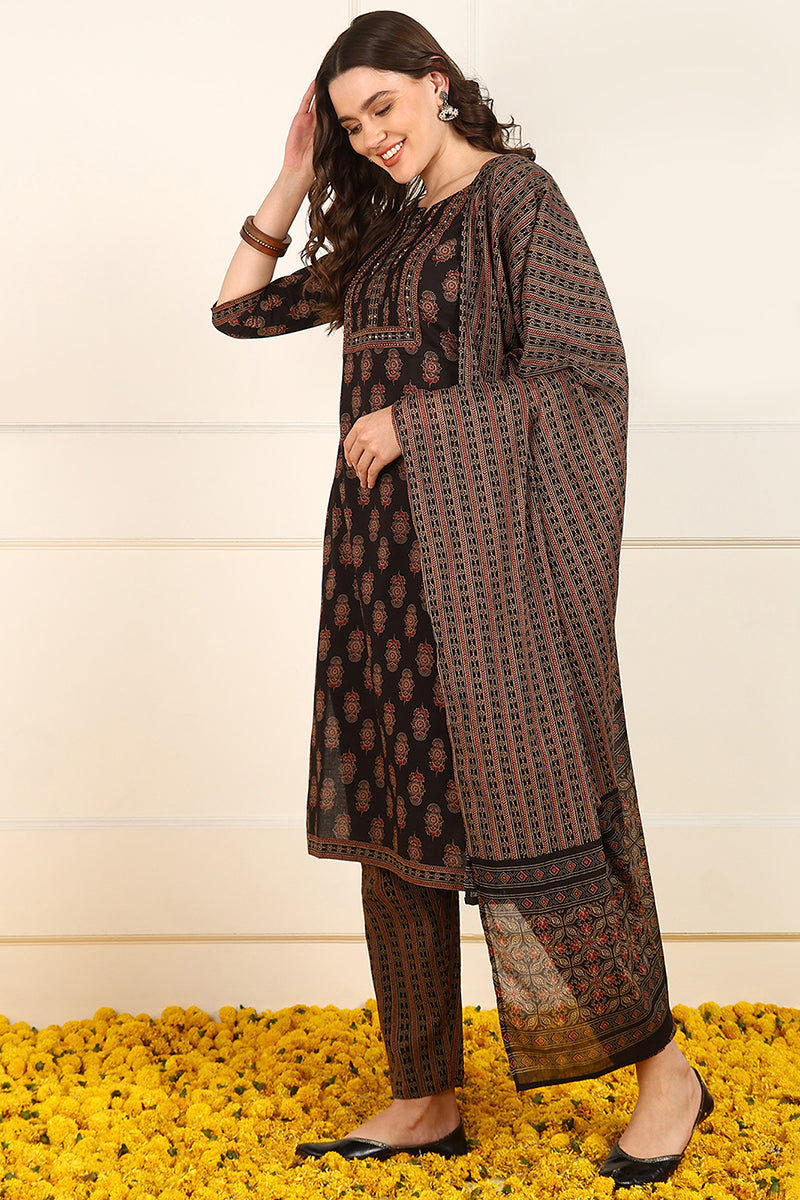 Ahika Brown Cotton Floral Printed Straight Suit Set JPSKD1007BRN - view 4
