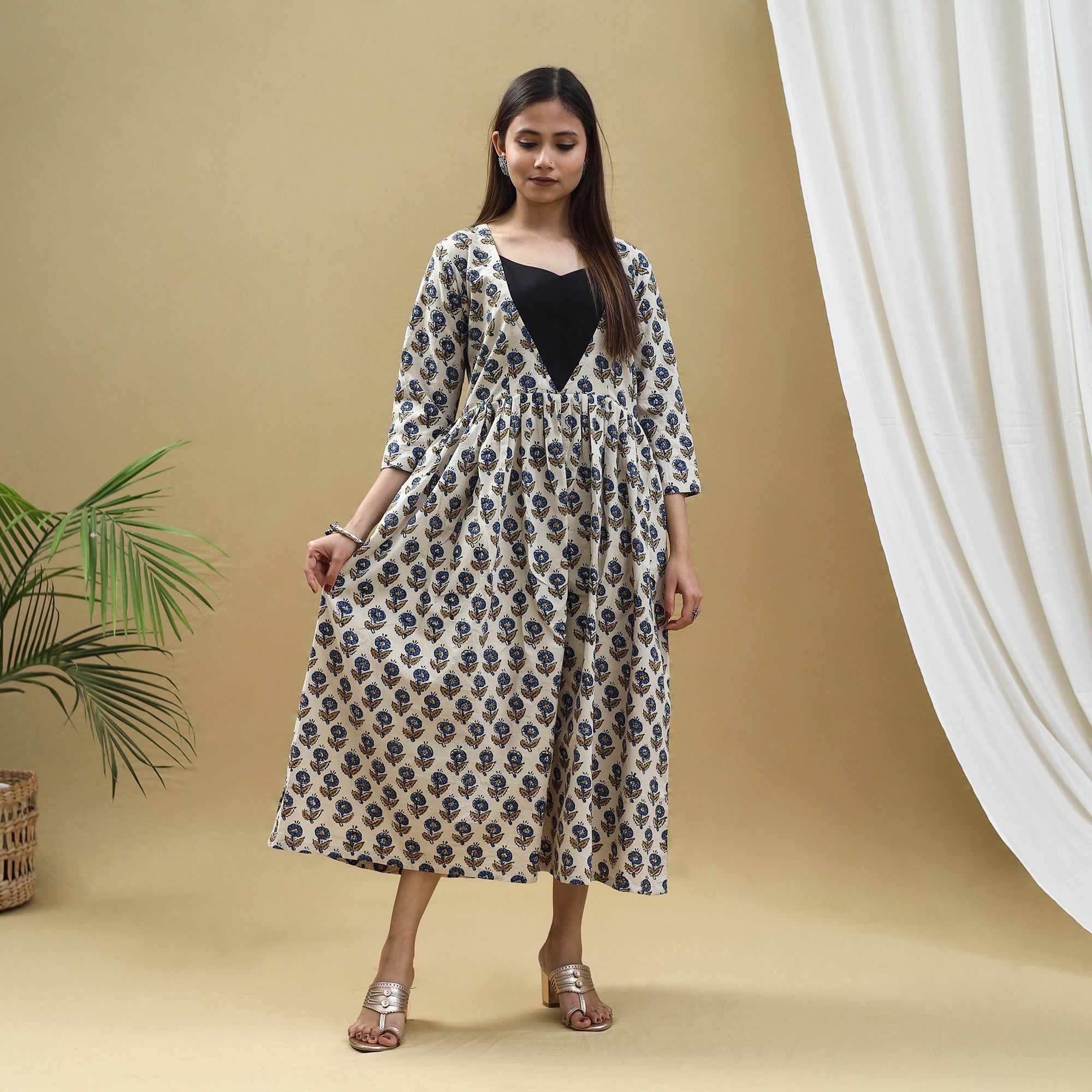 ITOKRI CASUALS Beige - Block Print Cotton Flared Ajrakh Dress 09 - view 5