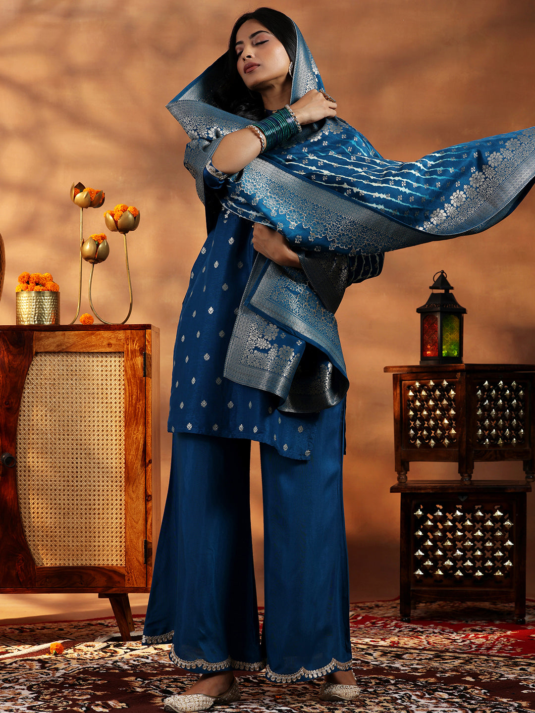Libas Blue Woven Design Silk Blend Straight Suit With Dupatta - view 2
