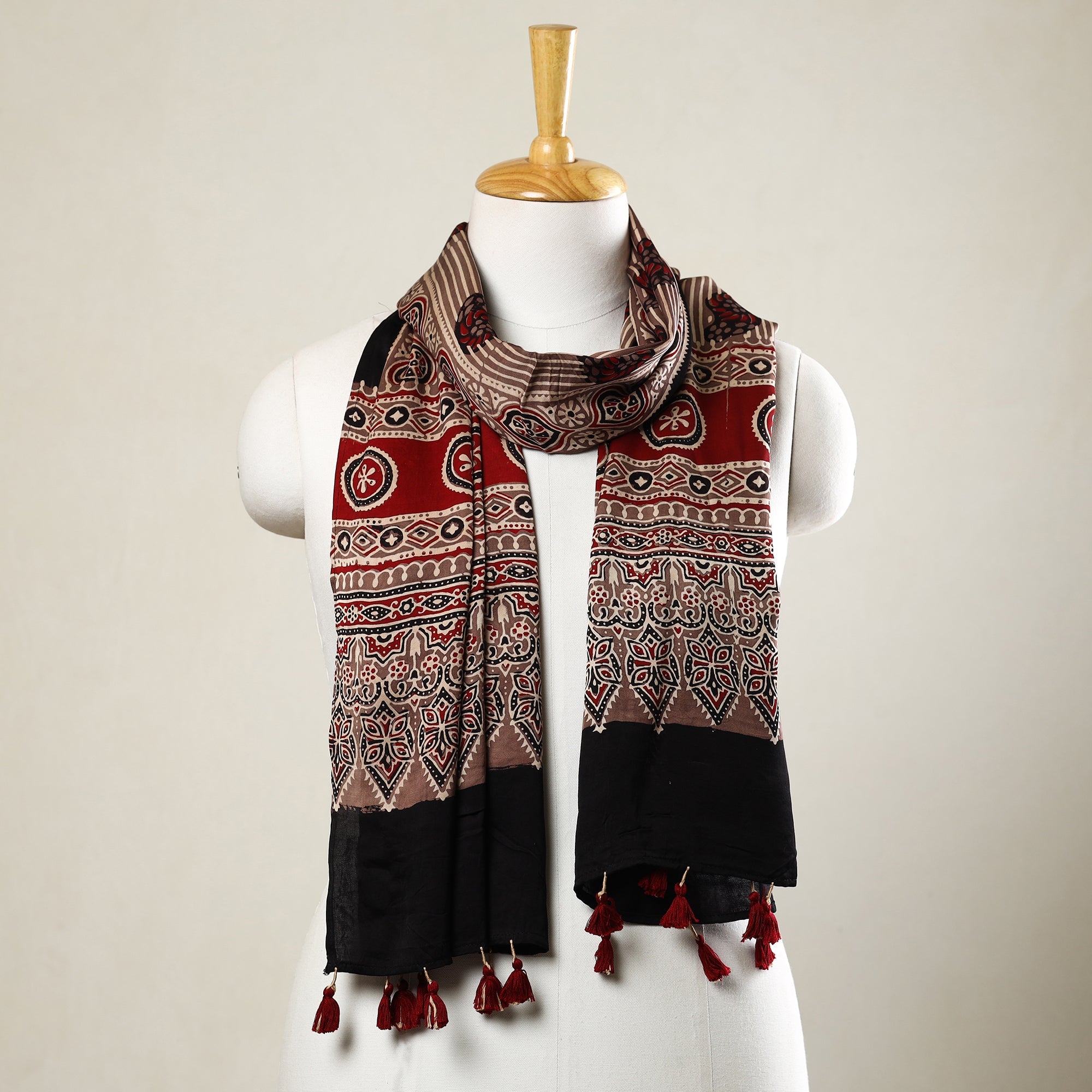 RIYAZ ABDULMAJID KHATRI - AJRAKH Brown - Ajrakh Block Printed Modal Silk Stole with Tassels