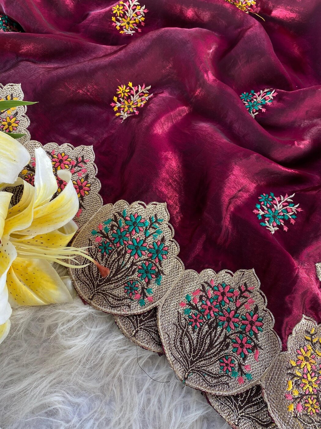 Tasrika Sempiternal Wine Embroidery Work Fendy Silk Saree With Flattering Blouse Piece - view 2