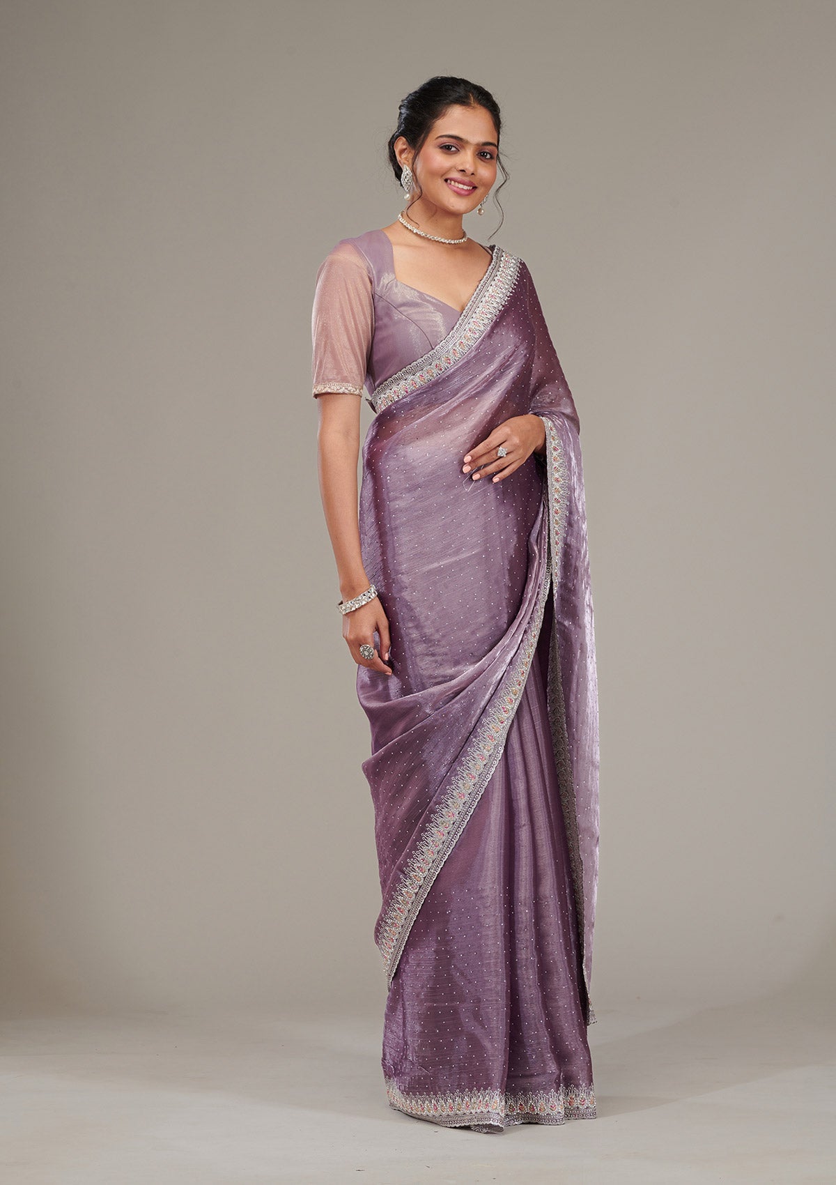 Koskii Purple Stonework Chiffon Saree – Women's - view 5