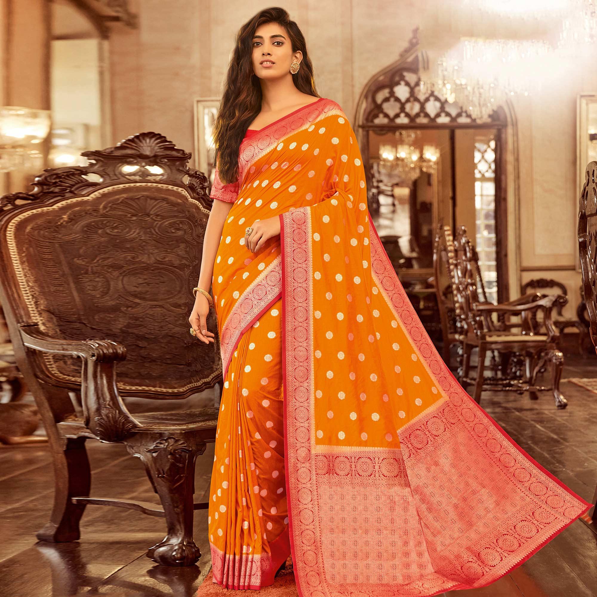Peachmode Marvellous Mustard Yellow Colored Festive Wear Woven Chanderi Cotton Saree