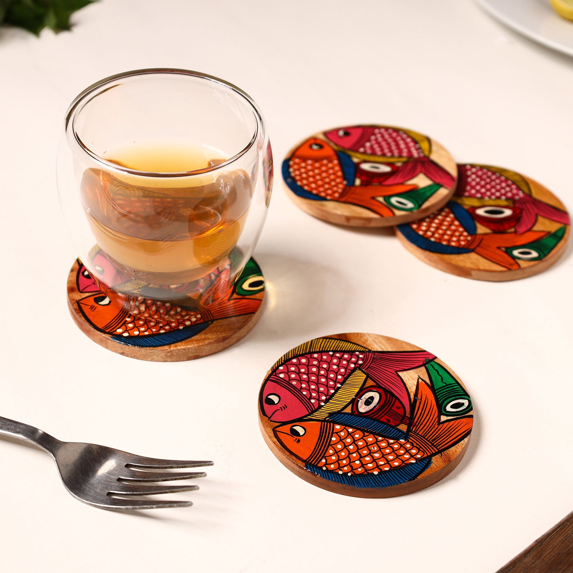 ITOKRI CRAFTS INITIATIVE Bengal Patua Handpainted Akashmoni Wooden Coasters (Set of 4) 39 - view 3