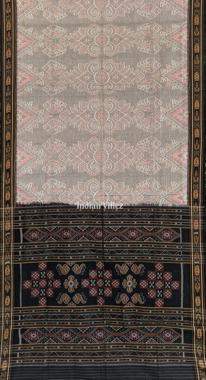 IndianVillèz Gray Black Odisha Ikat Sambalpuri Cotton Saree