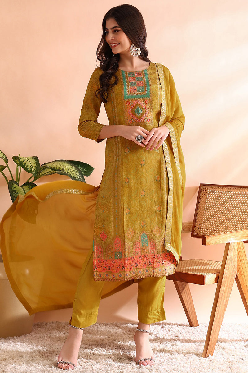 Ahika Mustard Yellow Silk Blend Abstract Woven Design Straight Trouser Bottom Suit Set PKSKD2583 - view 4
