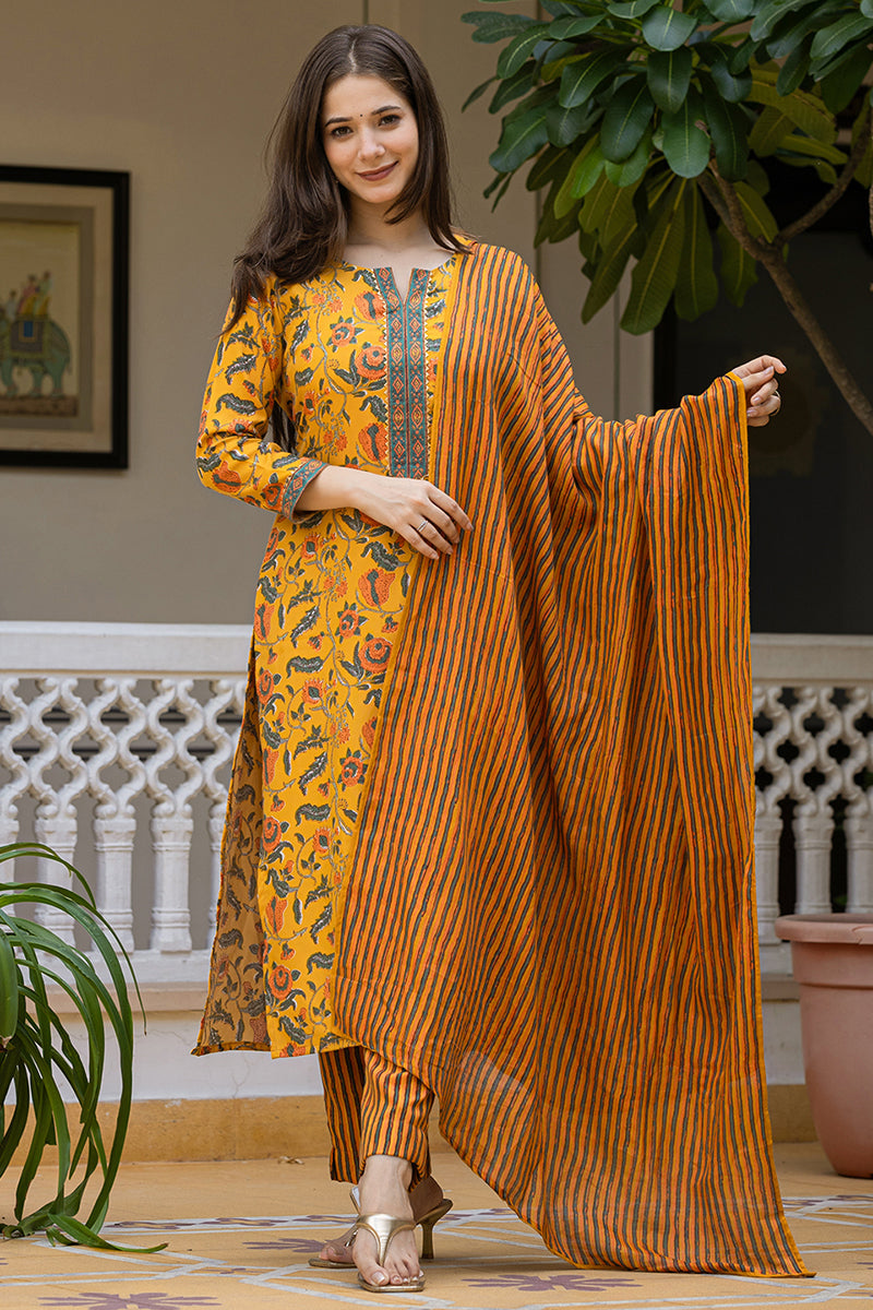 Ahika Yellow Rayon Blend Floral Printed Straight Trouser Suit Set VKSKD2256 - view 2