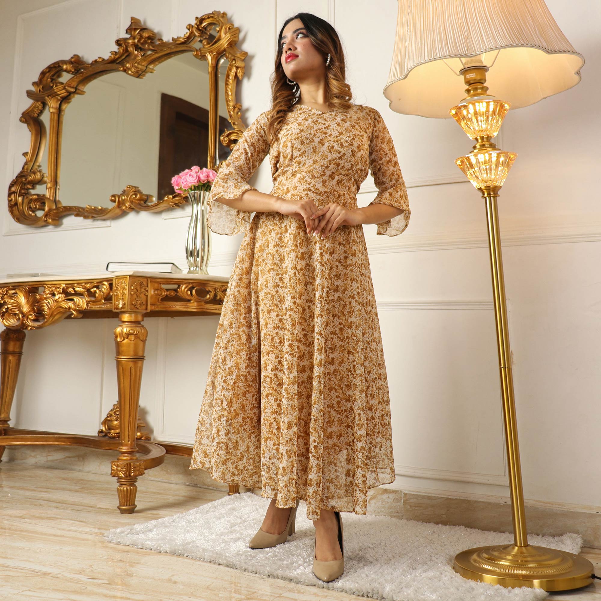 Peachmode Seller Brown Printed Georgette Dress - view 4