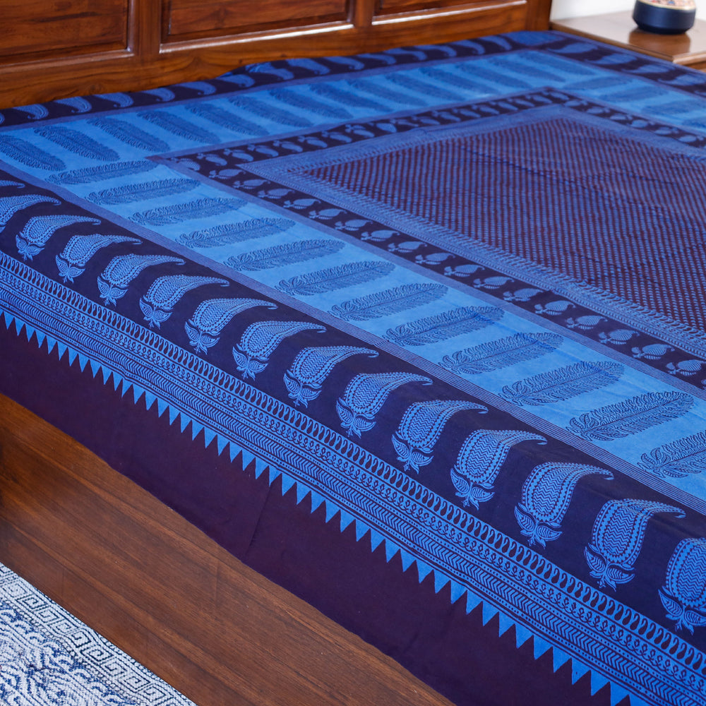BAGH PRINTS BY UMAR FARUK KHATRI Blue - Bagh Block Printed Natural Dyed Pure Cotton Double Bed Cover (110 x 88 in) - view 4