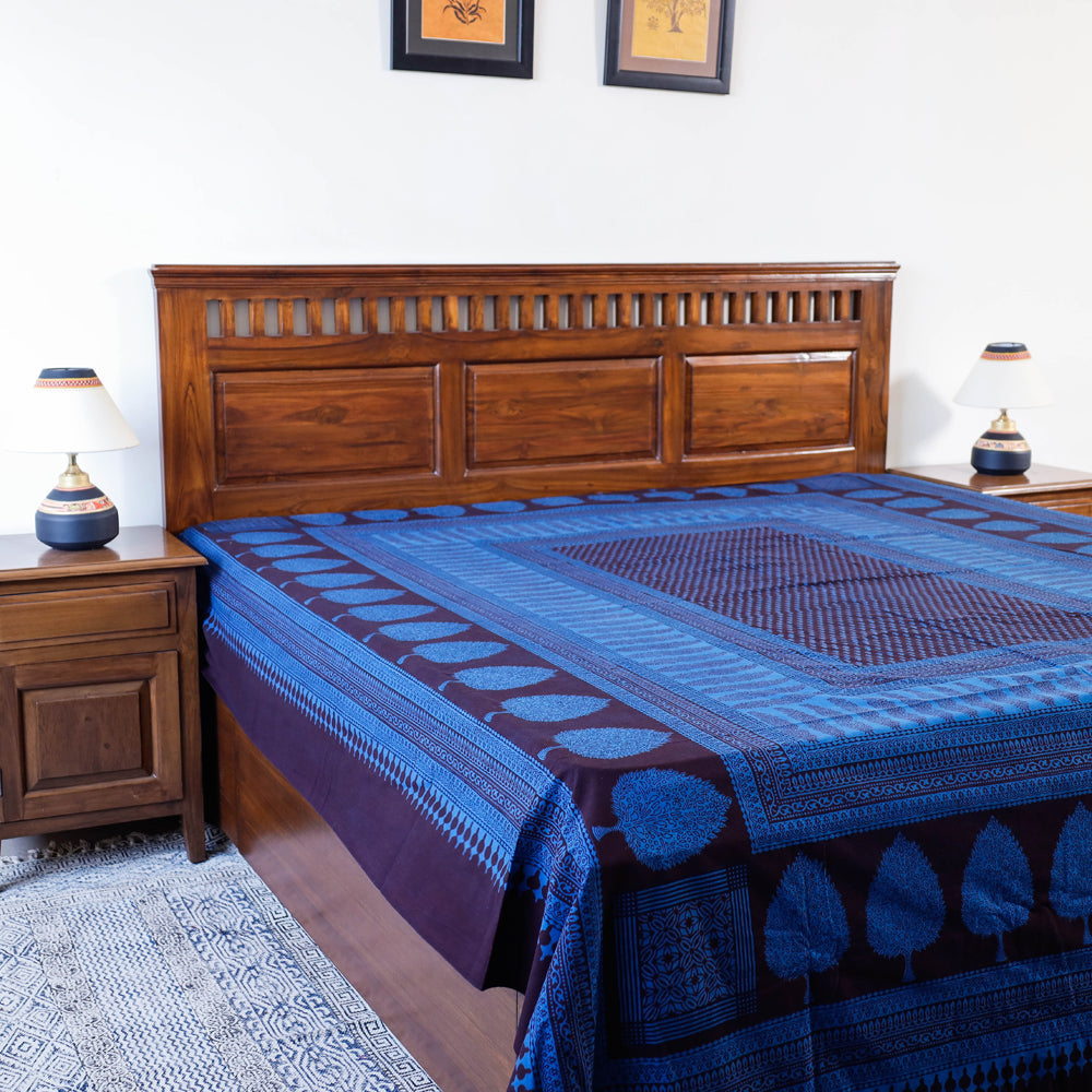 BAGH PRINTS BY UMAR FARUK KHATRI Blue - Bagh Block Printed Natural Dyed Pure Cotton Double Bed Cover (110 x 88 in)