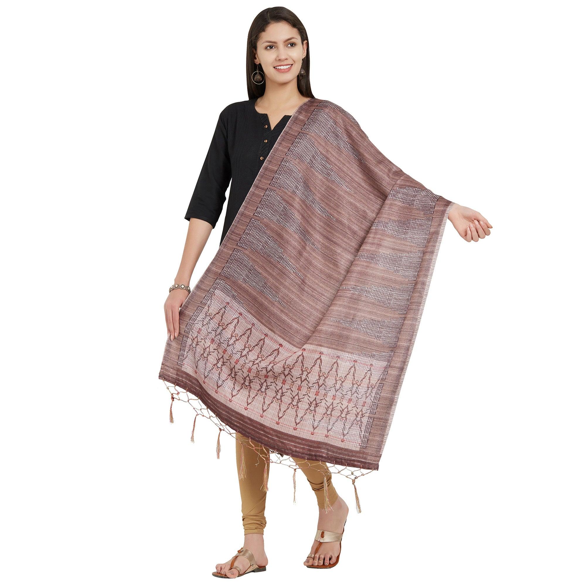 Peachmode Seller Flamboyant Light Brown Colored Casual Printed Pashmina Silk Dupatta