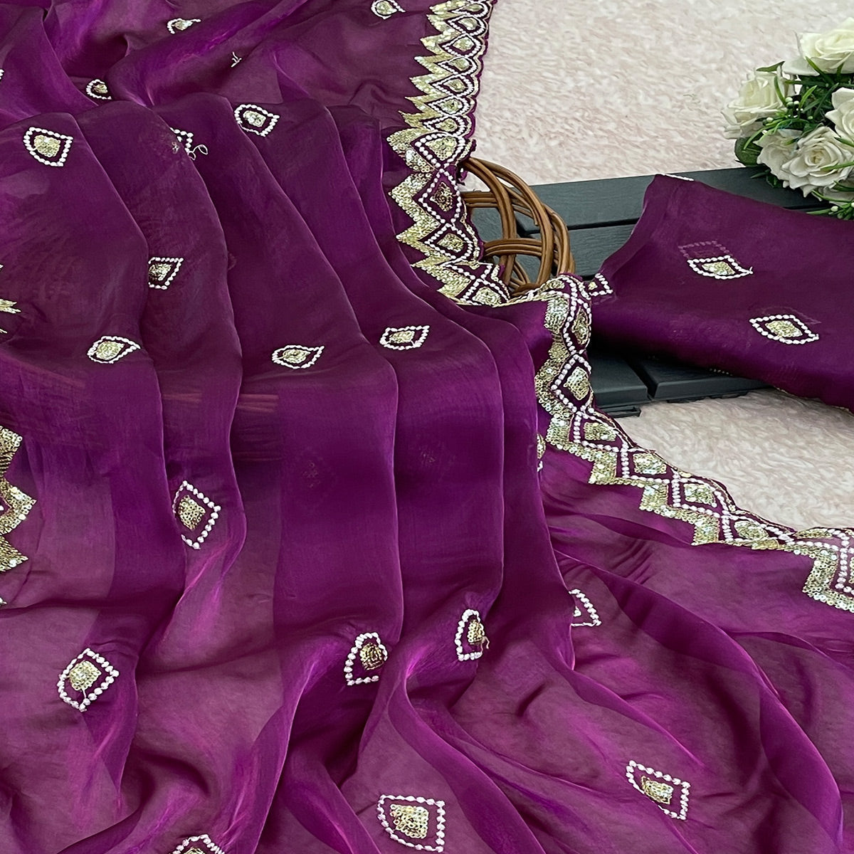 Peachmode Magenta Sequins Embroidered Satin Saree - view 2